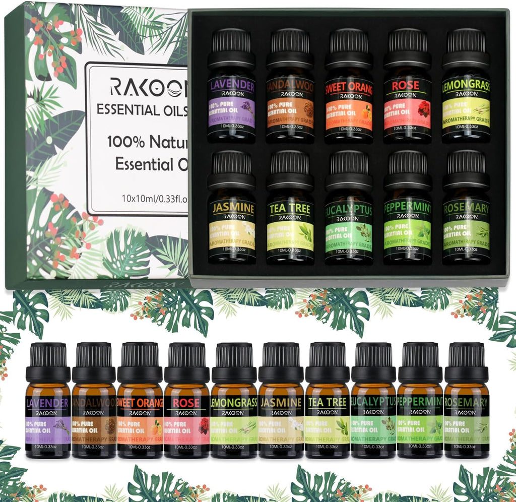 Rakoon Ultimate Essential Oil Diffusers & Essential Oil Set, Aromatherapy Diffuser for Home with Top 10 Essential Oils, 550ml Air Diffuser for Large Room, 4 Timer & 15 Ambient Light