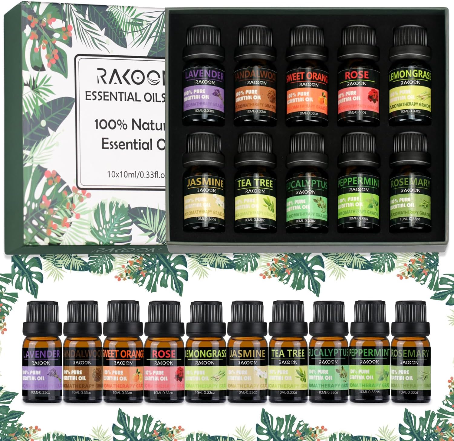 Rakoon Ultimate Essential Oil Diffusers & Essential Oil Set, Aromatherapy Diffuser for Home with Top 10 Essential Oils, 550ml Air Diffuser for Large Room, 4 Timer & 15 Ambient Light