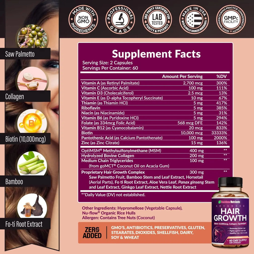 Hair Growth Vitamins for Women | Biotin 10,000mcg, Collagen, Patented OptiMSM®, goMCT®, Saw Palmetto | Naturally Regrow Stronger & Healthier Hair, Skin and Nails | Stops Hair Loss | 60 Day Supply