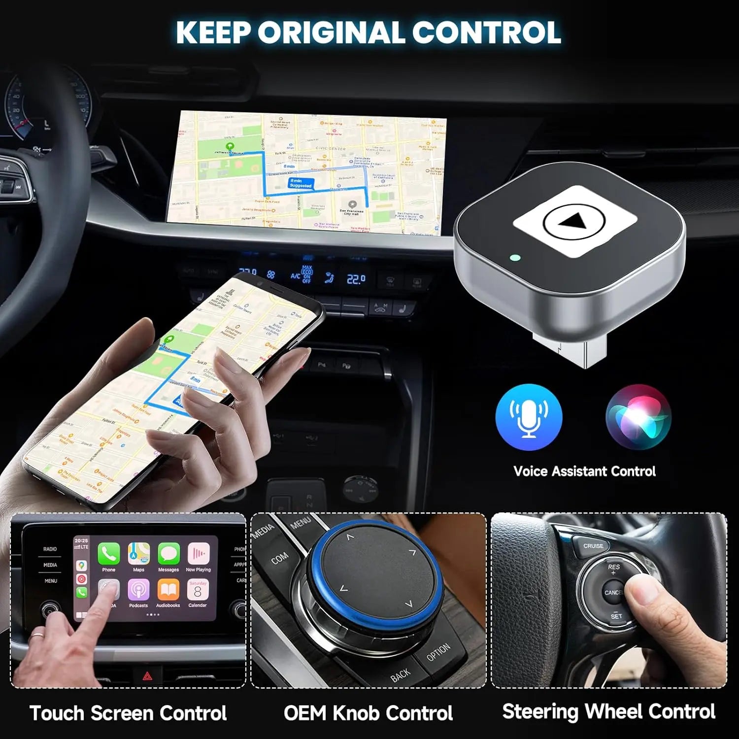 Wireless car adapter maintaining OEM steering wheel and knob controls