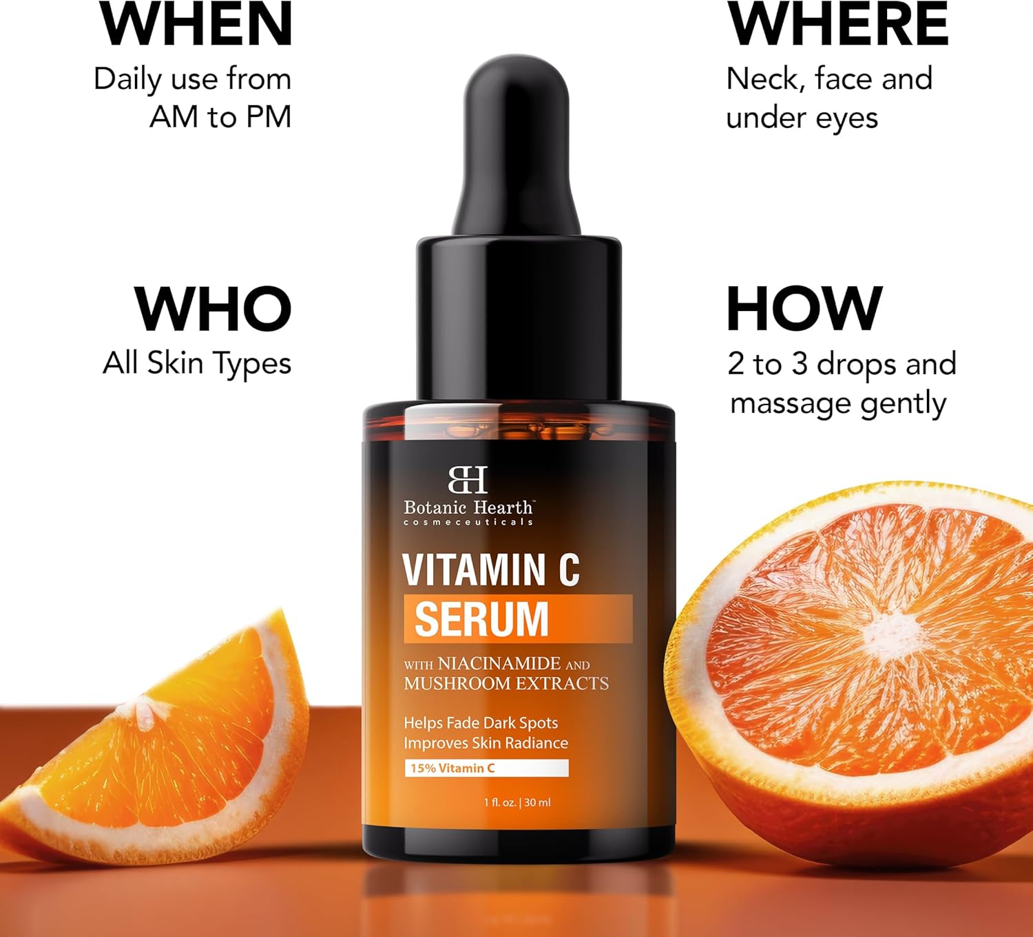 Botanic Hearth 15% Vitamin C Face Serum with Niacinamide, Hyaluronic Acid, Allantoin, Cica, Ferulic Acid & Vitamin E | Targets Dark Spots, Sun Damage, Wrinkles to Brighten & Even Tone Skin| 1fl oz