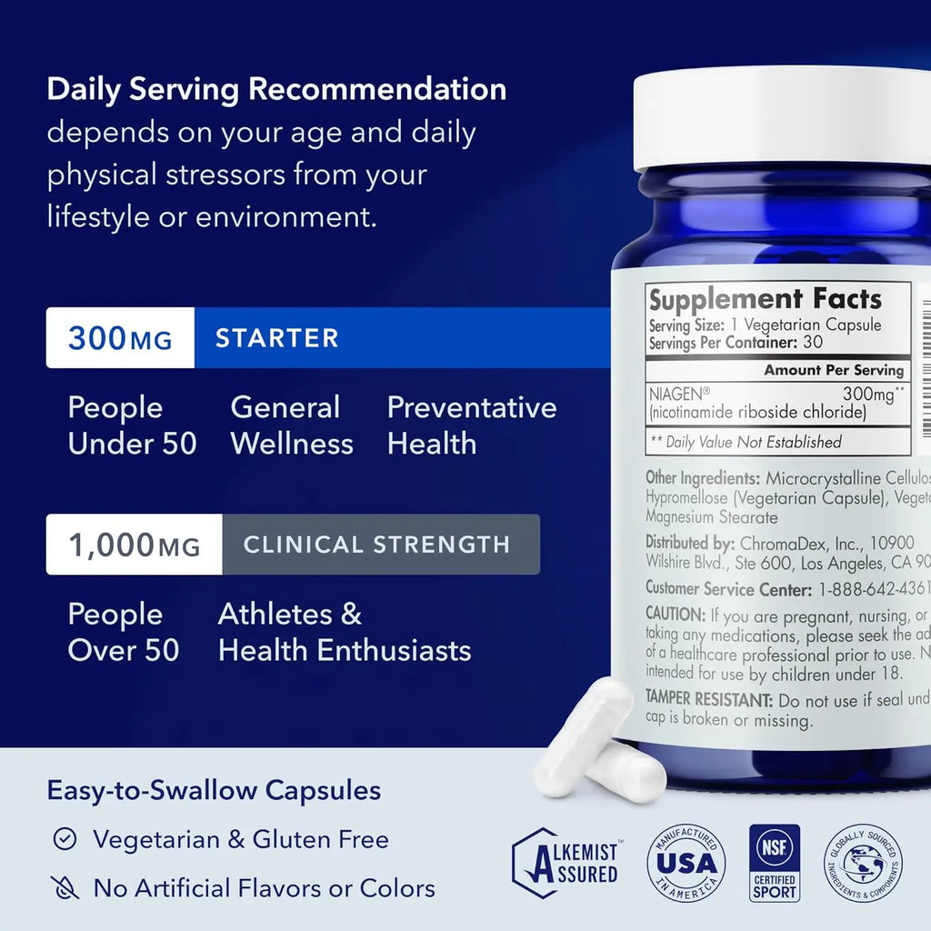 TRU NIAGEN 300mg supplement facts label showing vegetarian gluten free NSF certified details