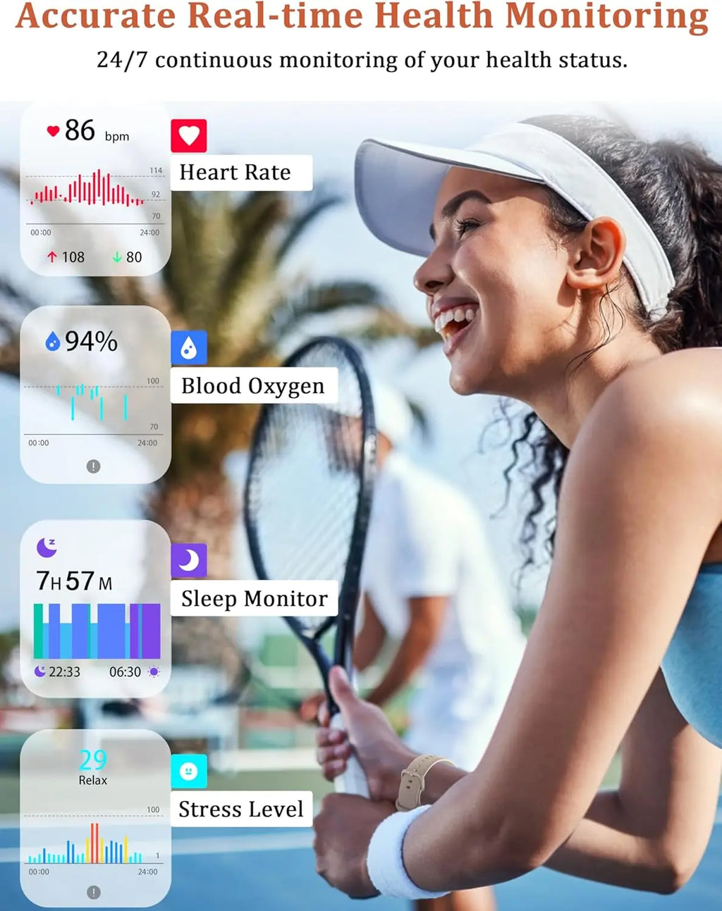 Beige smartwatch monitoring heart rate and blood oxygen during tennis