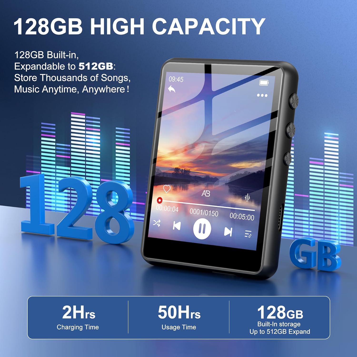 SWOFY MP3-Player 128GB, Bluetooth 5.3, 2.4 Inch Touch Screen, HiFi Sound, Built-in Speaker, Recording, FM Radio, Expandable to 512GB, Suitable for Children (Black)