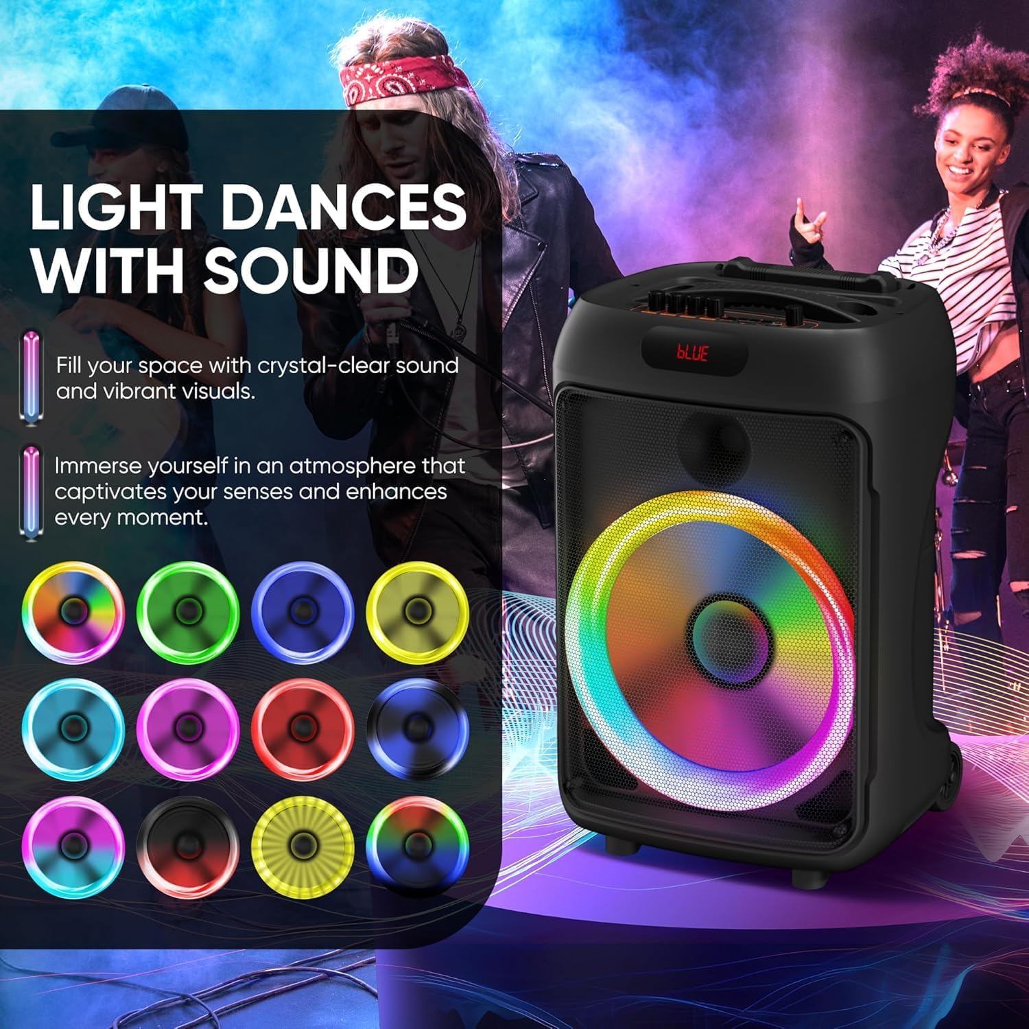 Karaoke Machine, Hukkmela Portable Karaoke System with 3 Microphones, Bass/Treble Adjustment, LED Lights, PA System, Supports REC/FM/AUX/USB/TF