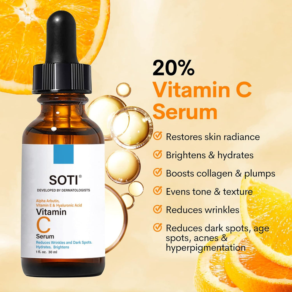 Vitamin C Face Serum 20%, Fades Dark Spots, Brightens Skin Tone, Restores Radiance, Anti-aging, Wrinkles & Acne with Hyaluronic Acid, Alpha Arbutin and Vitamin E 30ml Soti (Vitamin C)