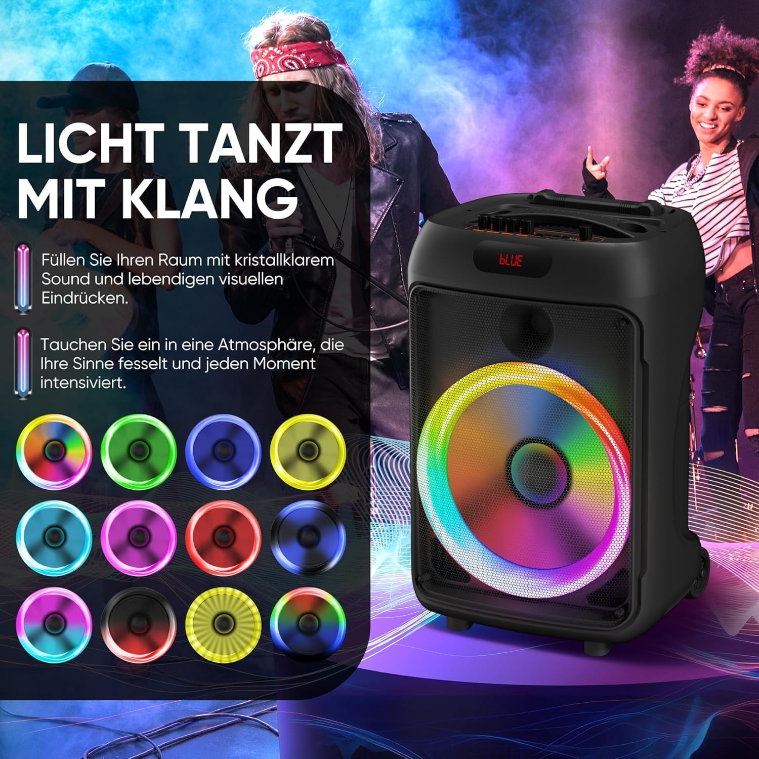 Karaoke Machine, Hukkmela Portable Karaoke System with 3 Microphones, Bass/Treble Adjustment, LED Lights, PA System, Supports REC/FM/AUX/USB/TF