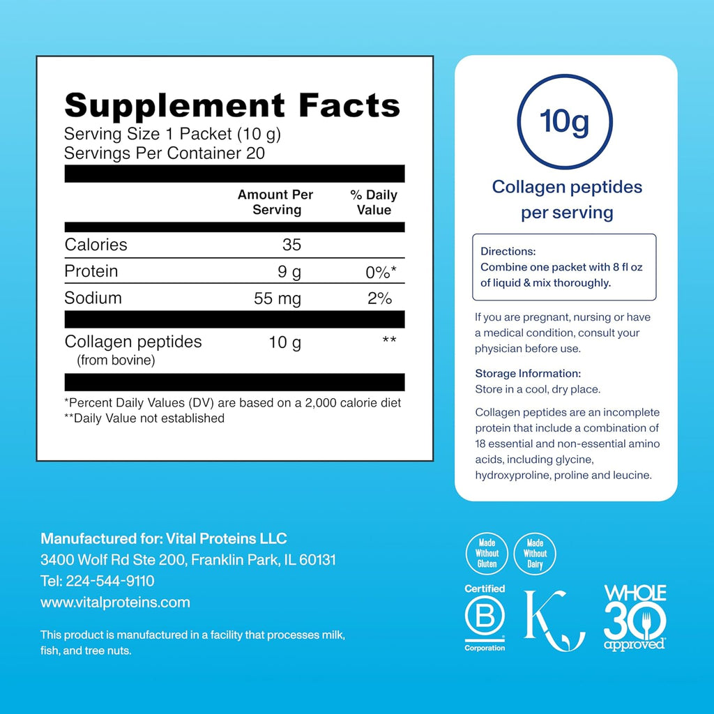 Vital Proteins Dairy and Gluten-Free Hydrolyzed Collagen Peptides Powder Supplement Travel Packs (Type I, III,20ct Per Box)- 10g Per Serving