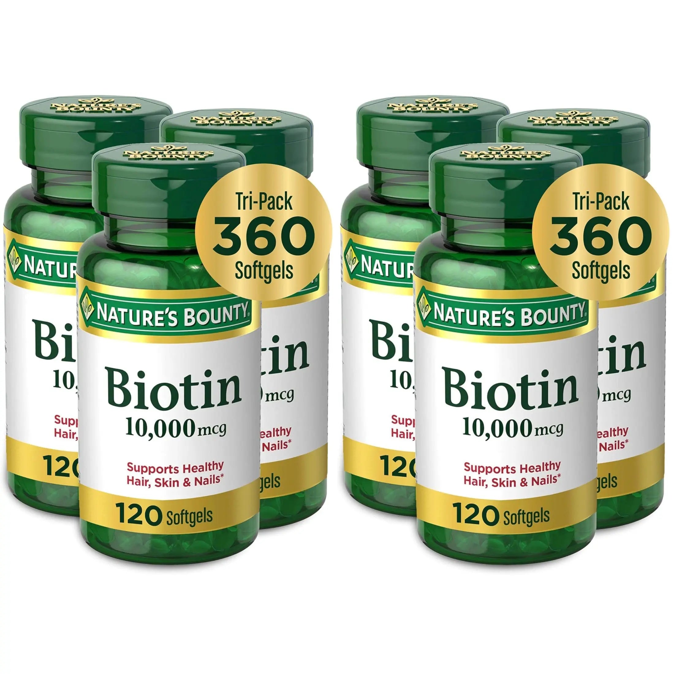 Nature's Bounty Biotin Hair Skin and Nails Vitamins, Supports Healthy Hair, Skin and Nails, 10,000 mcg, 120 Softgels (Pack of 1)