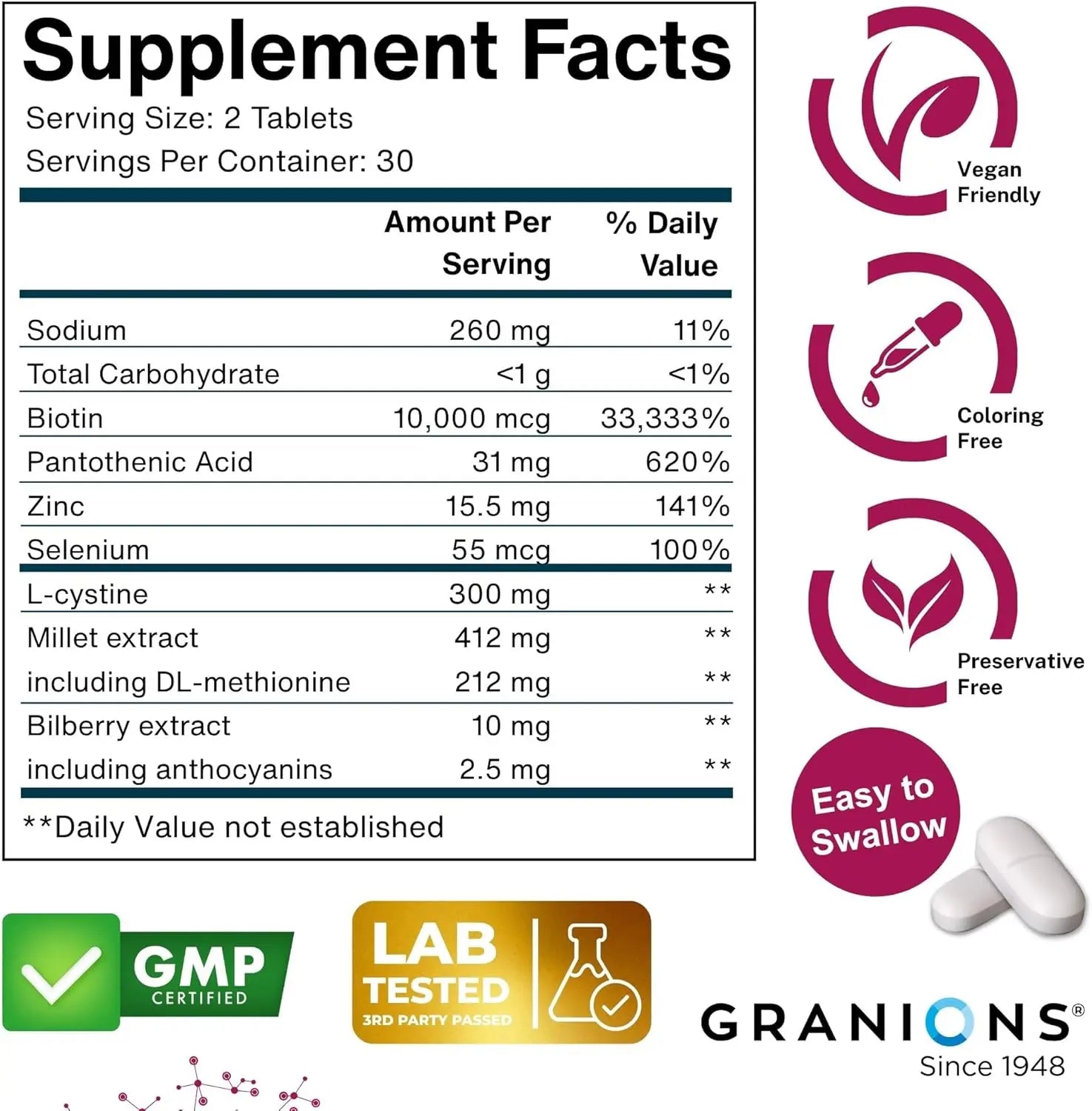 Granions Biotin 10,000 mcg Hair, Skin and Nails Pills - Extra Strength Biotin Complex with Zinc, Selenium, Millet, Bilberry, Aminos - Hair Growth Vitamins Supplement for Women & Men - 60 Tablets