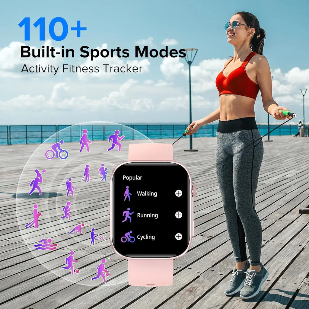Pink smartwatch displaying 110+ sports modes for running and cycling