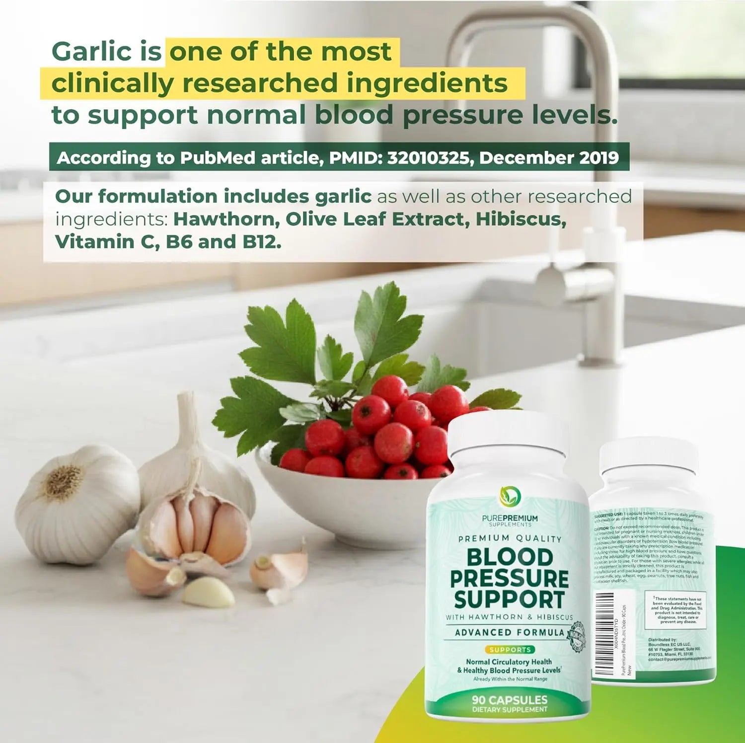 PurePremium Blood Pressure Supplements with Hawthorn Berry, Hibiscus, Garlic & Vitamin B12- Nitric Oxide Supplement for Normal Heart Health, Circulation Health & Blood Pressure Support - 90ct