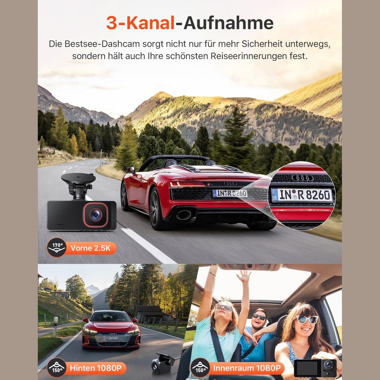 Bestsee 1080P Dash Cam Car Front Rear and Indoor with 64GB SD Card, Car Camera with Parking Surveillance, Motion Detection, Infrared Night Vision, G-Sensor, Loop Recording, WDR, Viewing Angle