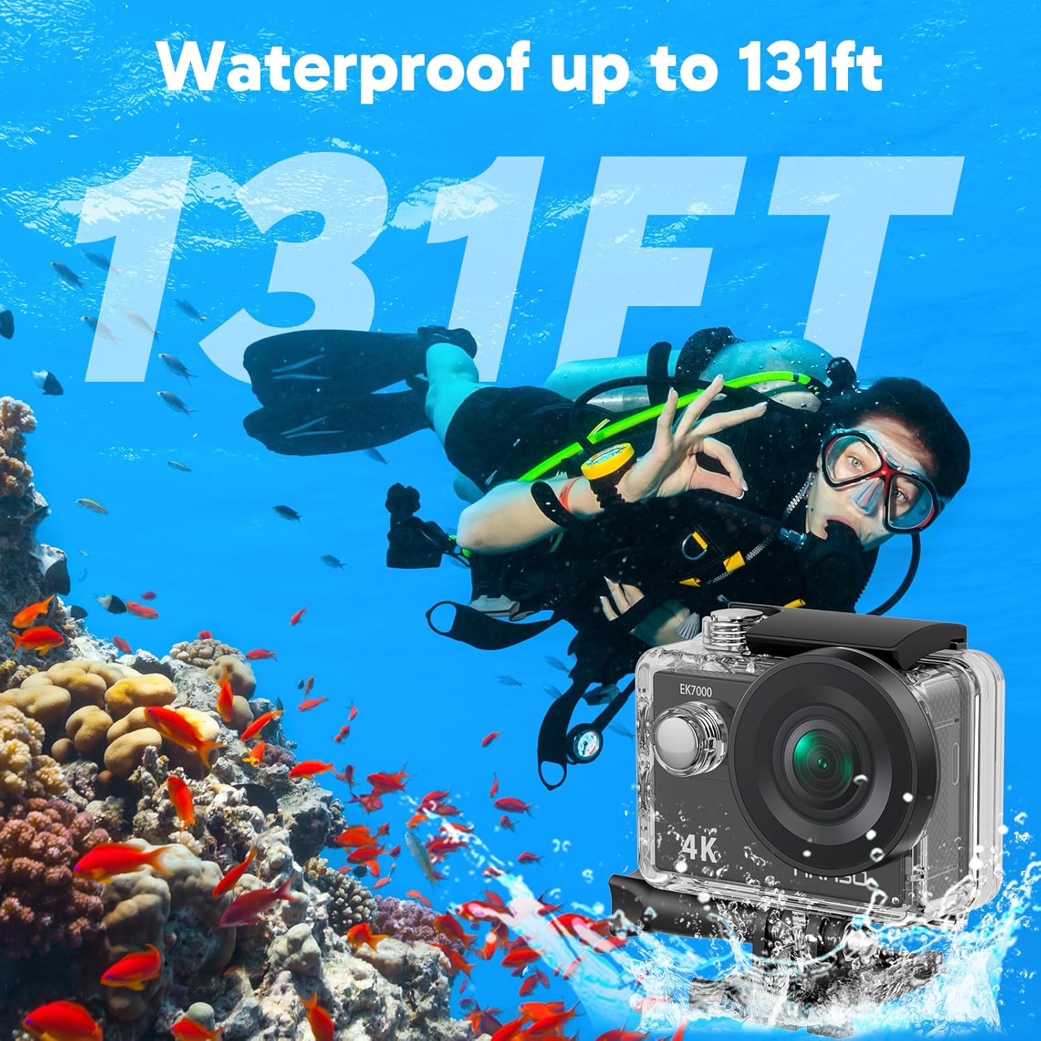 AKASO EK7000 4K30FPS 20MP WiFi Action Camera with EIS Ultra HD Underwater Camera 131FT Waterproof Camera Remote Control 4X Zoom Support External Microphone Black