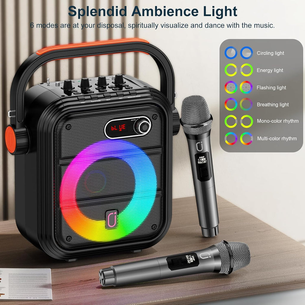 JYX Karaoke Machine, Professional Karaoke Speakers with 2 Wireless Microphones for Adults, Supports Portable Karaoke System TWS/AUX/FM/USB/TF Card