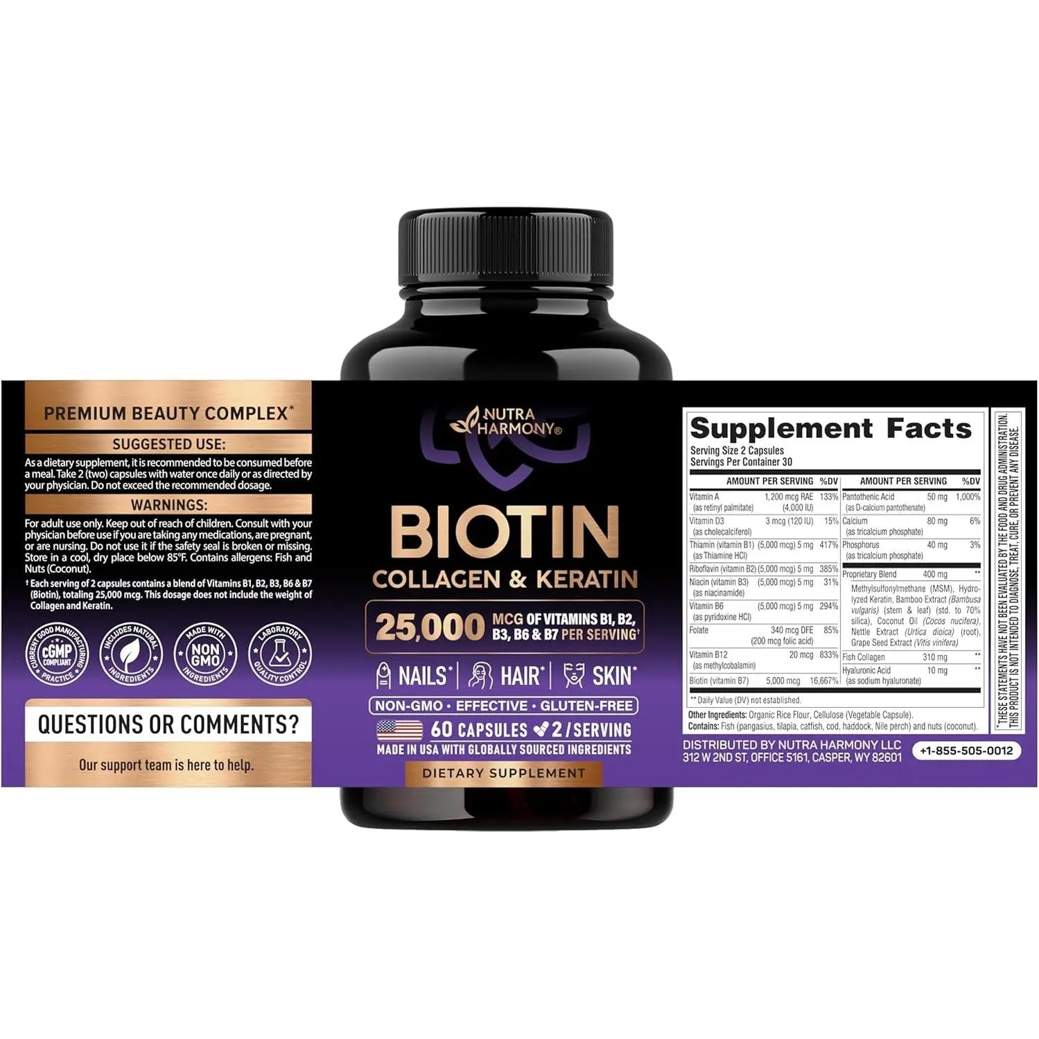 Biotin | Collagen | Hyaluronic Acid | Keratin - Hair Growth & Strength Support Vitamins - Skin & Nails Supplement - Clinically Tested for Men & Women - 25000mcg Vitamins B1, B2, B3, B6 & B7 - 60 Caps