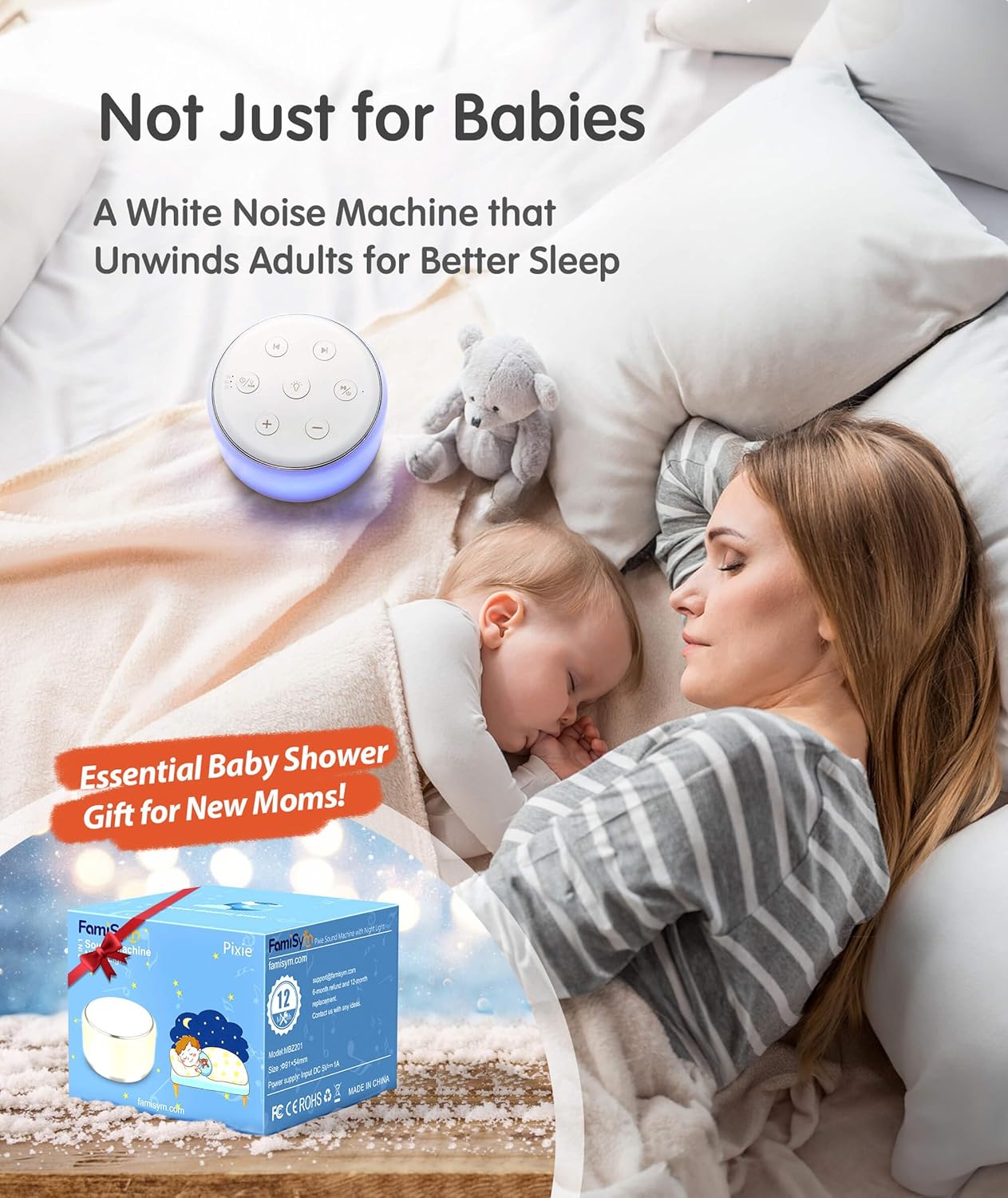 FamiSym White Noise Sound Machine Baby - 34 Soothing Sounds, Rechargeable, Portable, Night Light, Sleep Aid for Baby, Kids, Adults