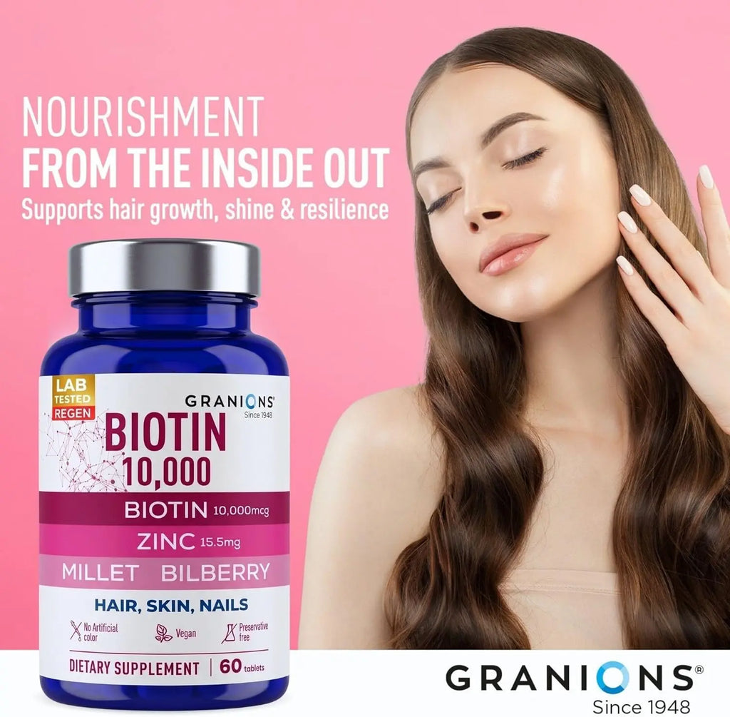Granions Biotin 10,000 mcg Hair, Skin and Nails Pills - Extra Strength Biotin Complex with Zinc, Selenium, Millet, Bilberry, Aminos - Hair Growth Vitamins Supplement for Women & Men - 60 Tablets