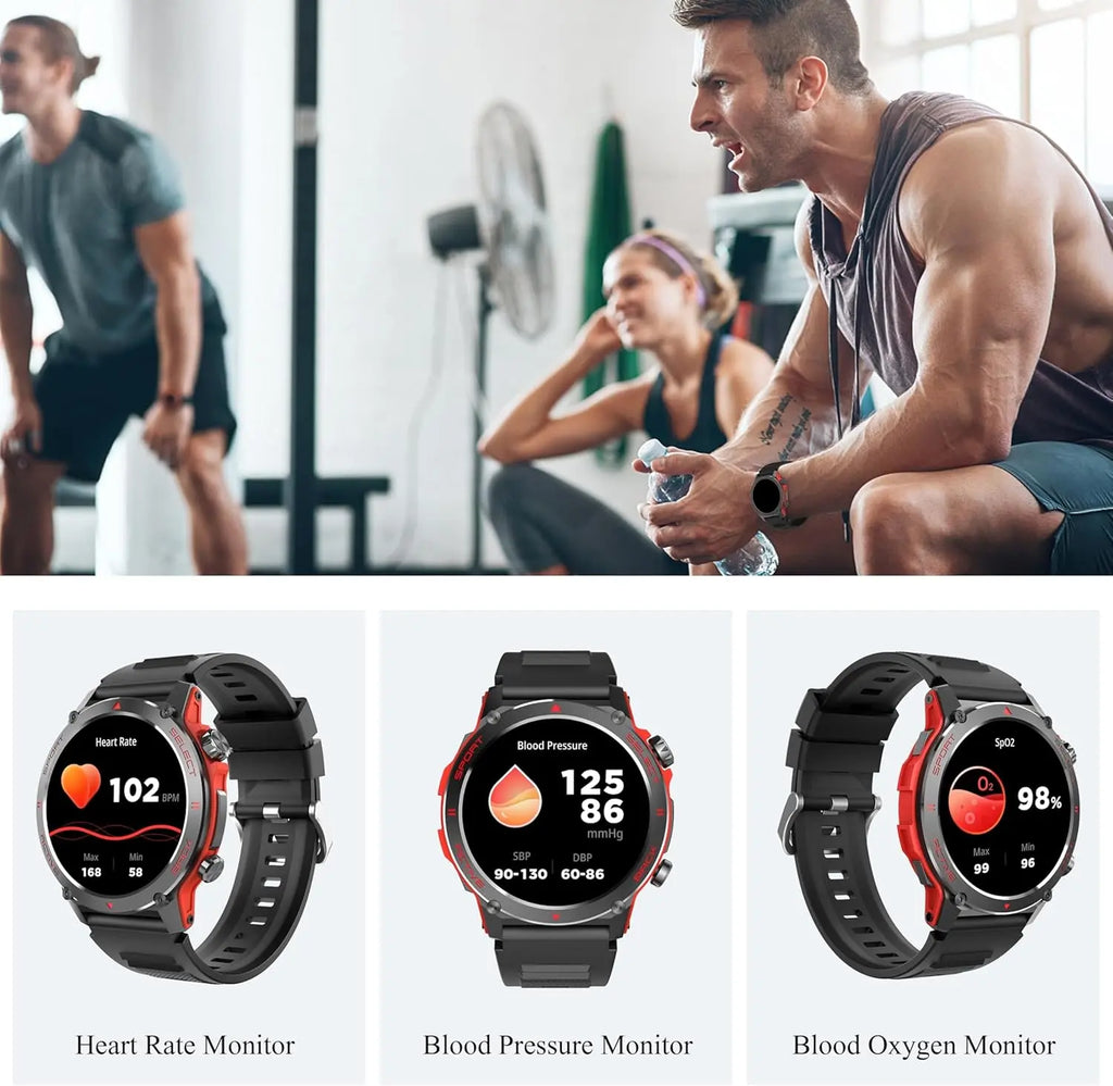 Fitness smartwatch monitoring heart rate, blood pressure, and oxygen levels during gym workout