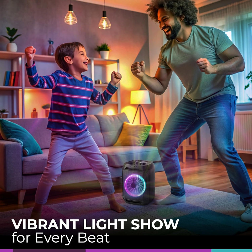 Philips Bluetooth Party Speaker, Dynamic Bass Boost, Bluetooth and Aux-in, Karaoke Microphone Input, Wireless Pairing for Stereo Sound, Up to 7 Hours Battery, Built-in Carry Handle, USB-C TAX2208