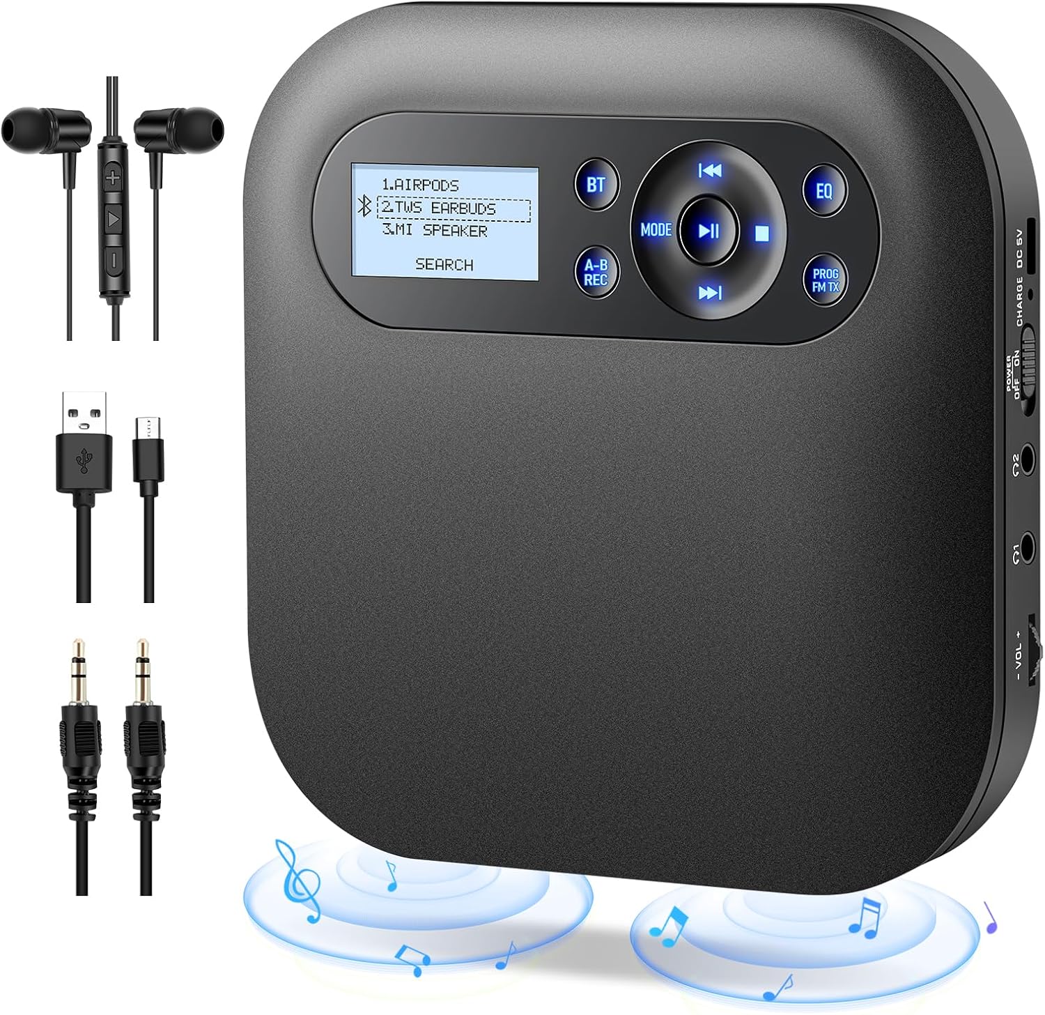 Arafuna CD Player Portable, Bluetooth CD Player with Speakers, 2000mAh Rechargeable CD Player FM Radio, Audio Music Player Support Headphones/USB/AUX