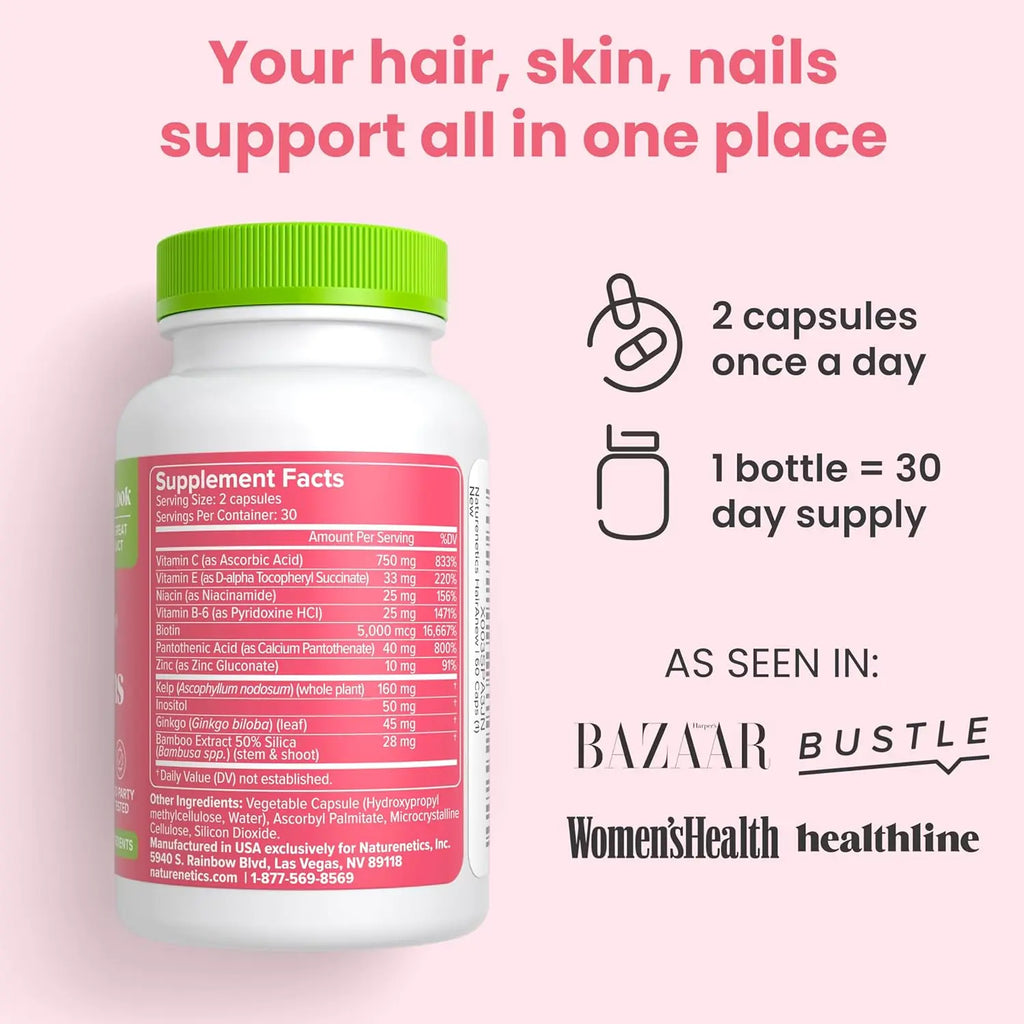 Hair Growth Vitamins for Women & Men for Faster Hair Growth, Vegan, 60 Capsules - 11 Ingredients & 5000mcg Biotin for Thicker Fuller Stronger Locks + Skin & Nail Health - Naturenetics HairAnew