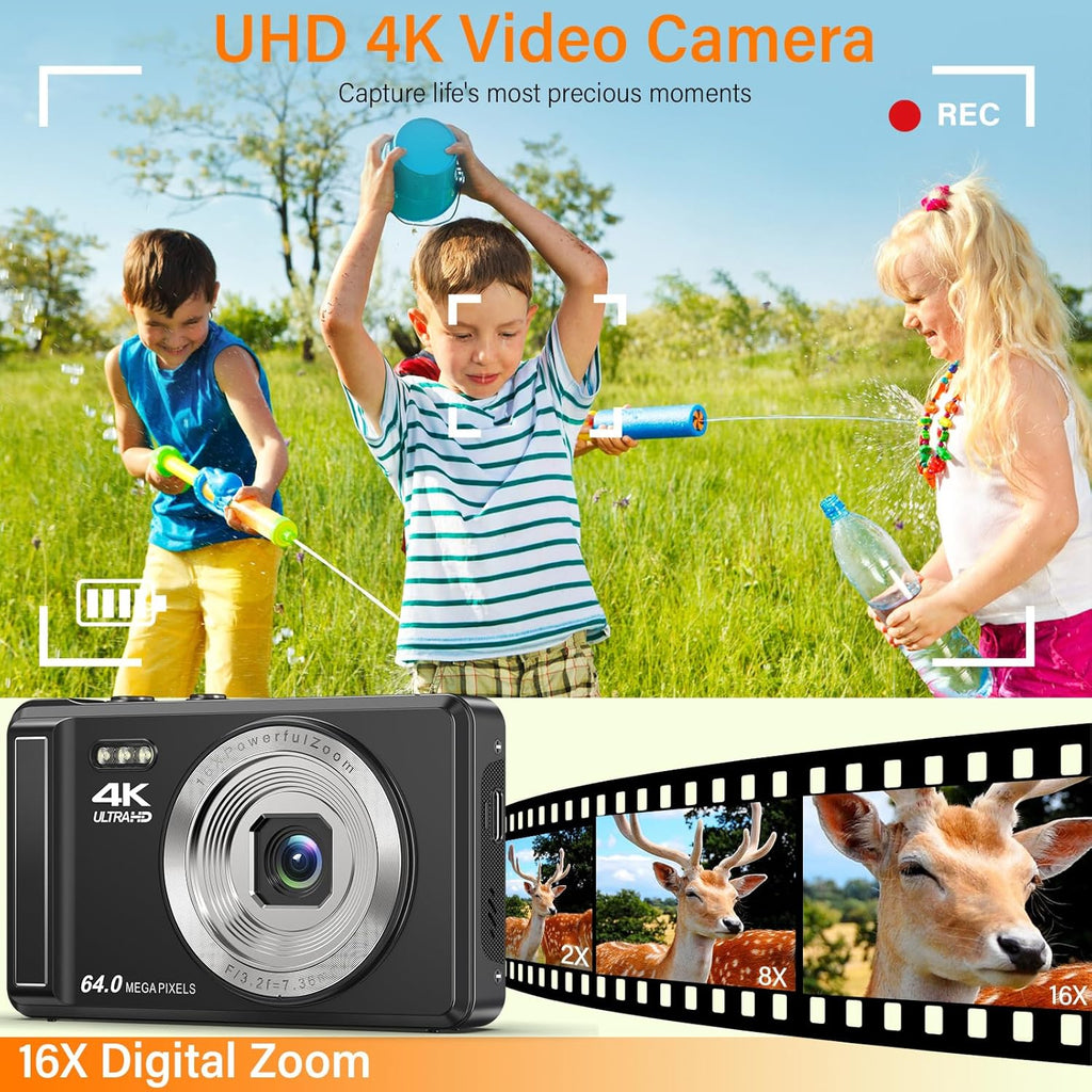 4K 64MP Digital Camera with 32GB SD Card for Photography, Auto Focus Portable Mini Compact Camera for Boys, Girls, Children, Beginners, Teenagers with 16X Digital Zoom and 2 Batteries