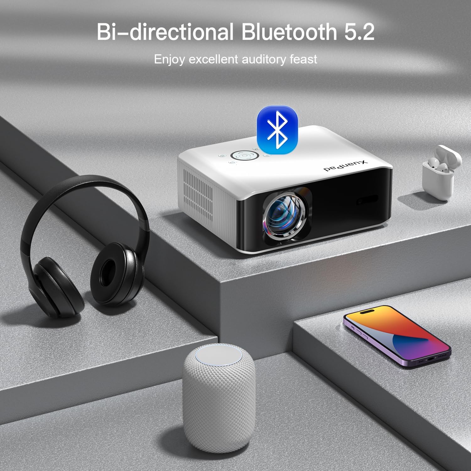 XuanPad Projector AI Auto Focus 26000L Native 1080P Smart Portable Projector 4K Supported Outdoor Home Cinema with Tripod for iOS Android TV Stick