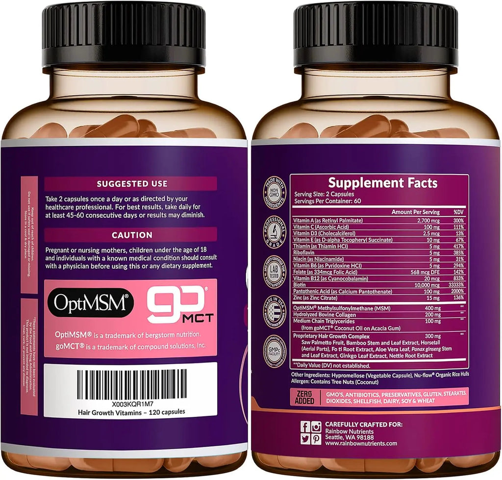 Hair Growth Vitamins for Women | Biotin 10,000mcg, Collagen, Patented OptiMSM®, goMCT®, Saw Palmetto | Naturally Regrow Stronger & Healthier Hair, Skin and Nails | Stops Hair Loss | 60 Day Supply