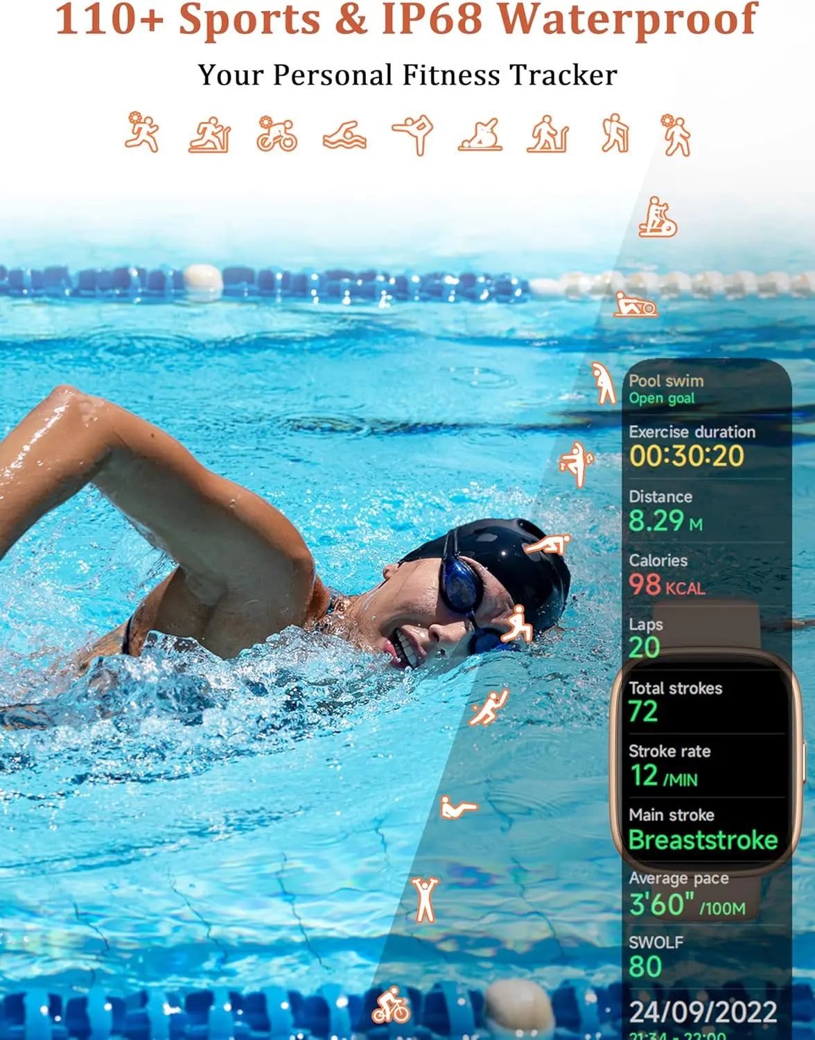 IP68 waterproof smartwatch displaying detailed swim metrics in pool