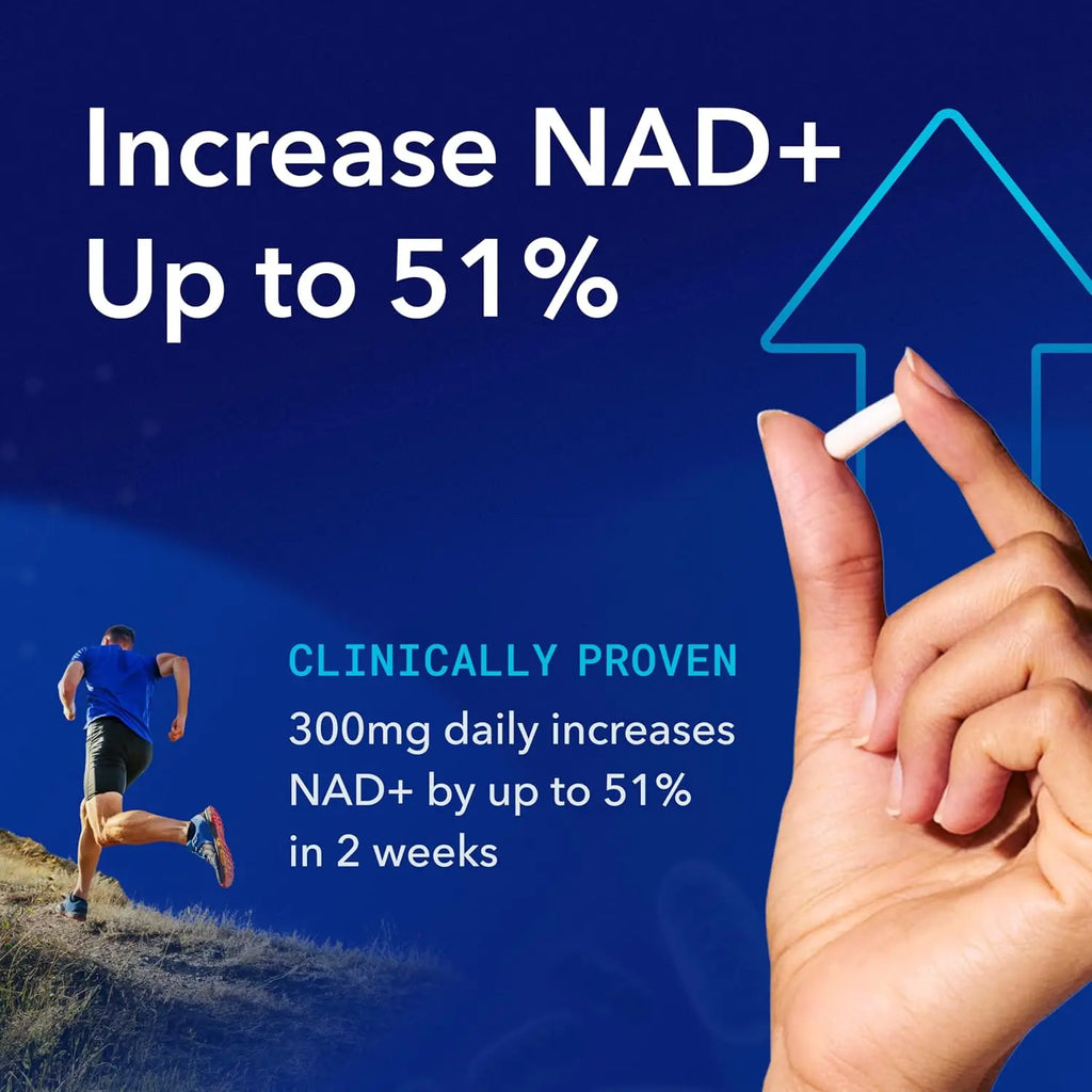 TRU NIAGEN clinically proven 300mg daily dose increases NAD+ up to 51% in two weeks graphic