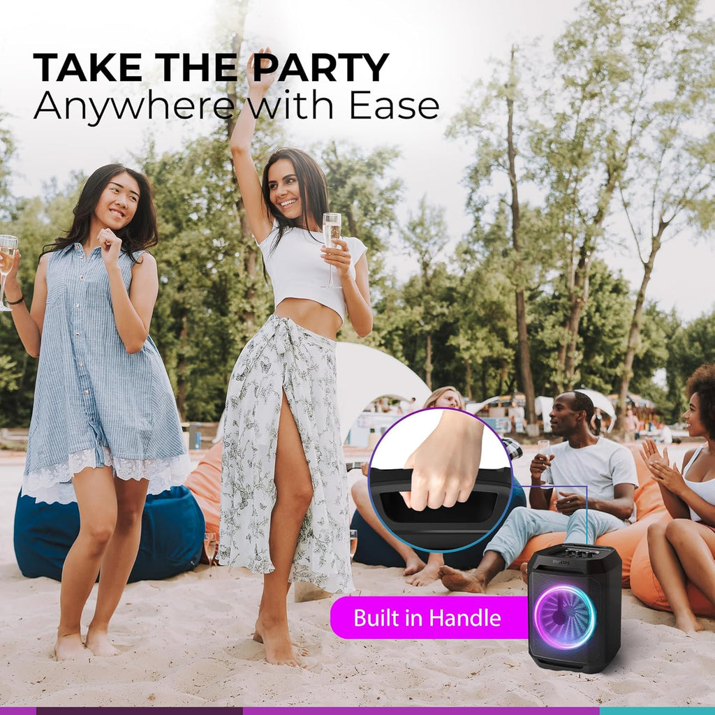 Philips Bluetooth Party Speaker, Dynamic Bass Boost, Bluetooth and Aux-in, Karaoke Microphone Input, Wireless Pairing for Stereo Sound, Up to 7 Hours Battery, Built-in Carry Handle, USB-C TAX2208