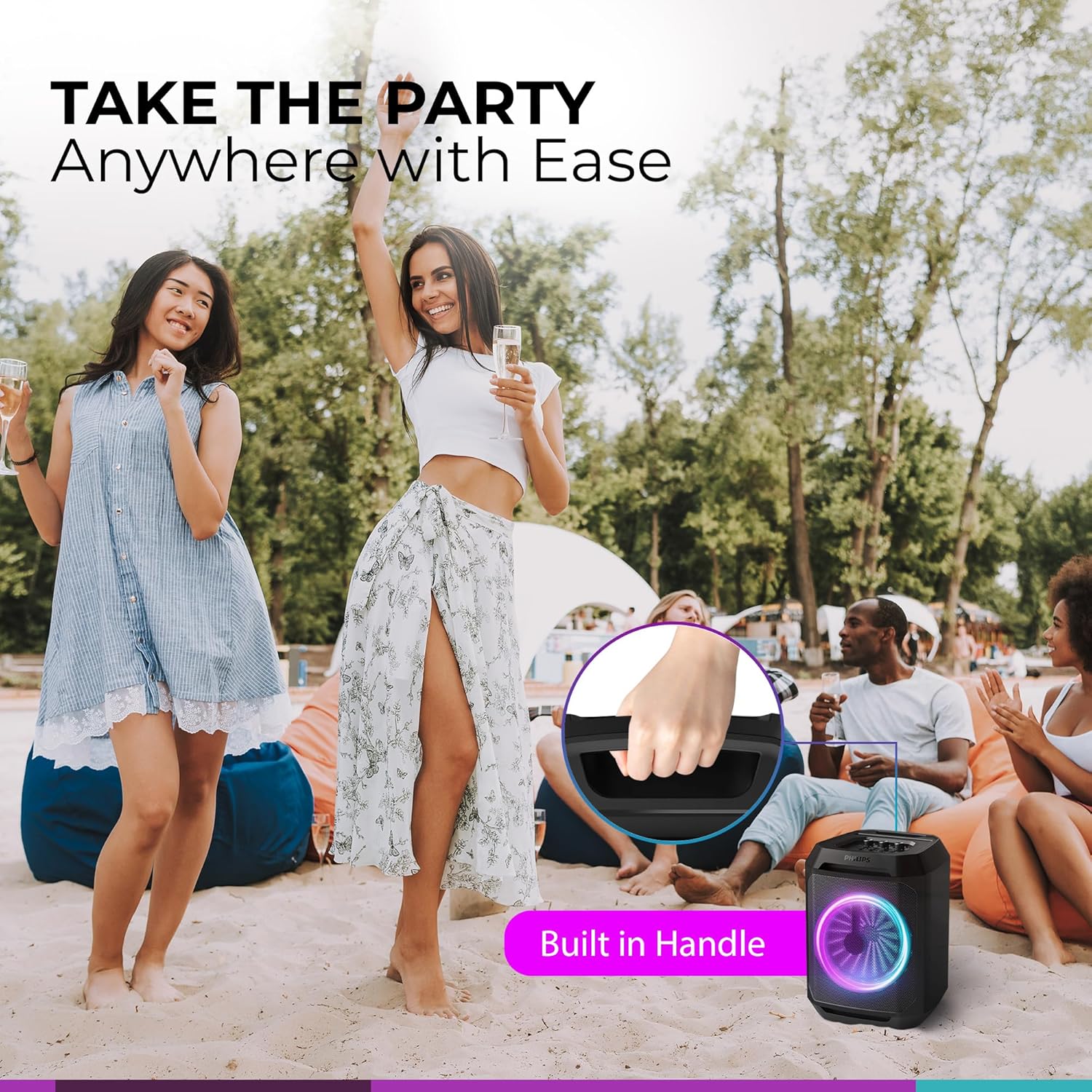 Philips Bluetooth Party Speaker, Dynamic Bass Boost, Bluetooth and Aux-in, Karaoke Microphone Input, Wireless Pairing for Stereo Sound, Up to 7 Hours Battery, Built-in Carry Handle, USB-C TAX2208