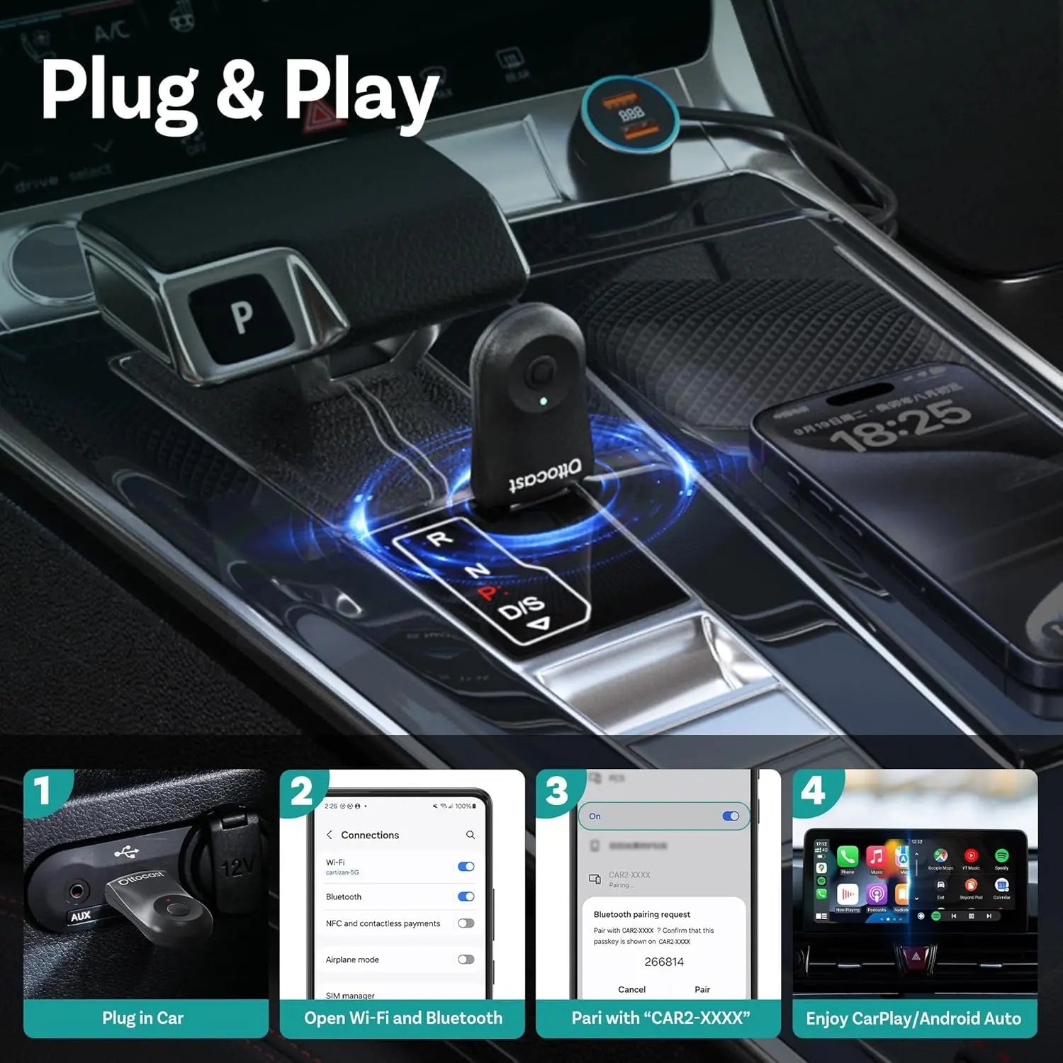 Black Ottocast wireless adapter plugged into car 12V outlet with setup instructions for pairing