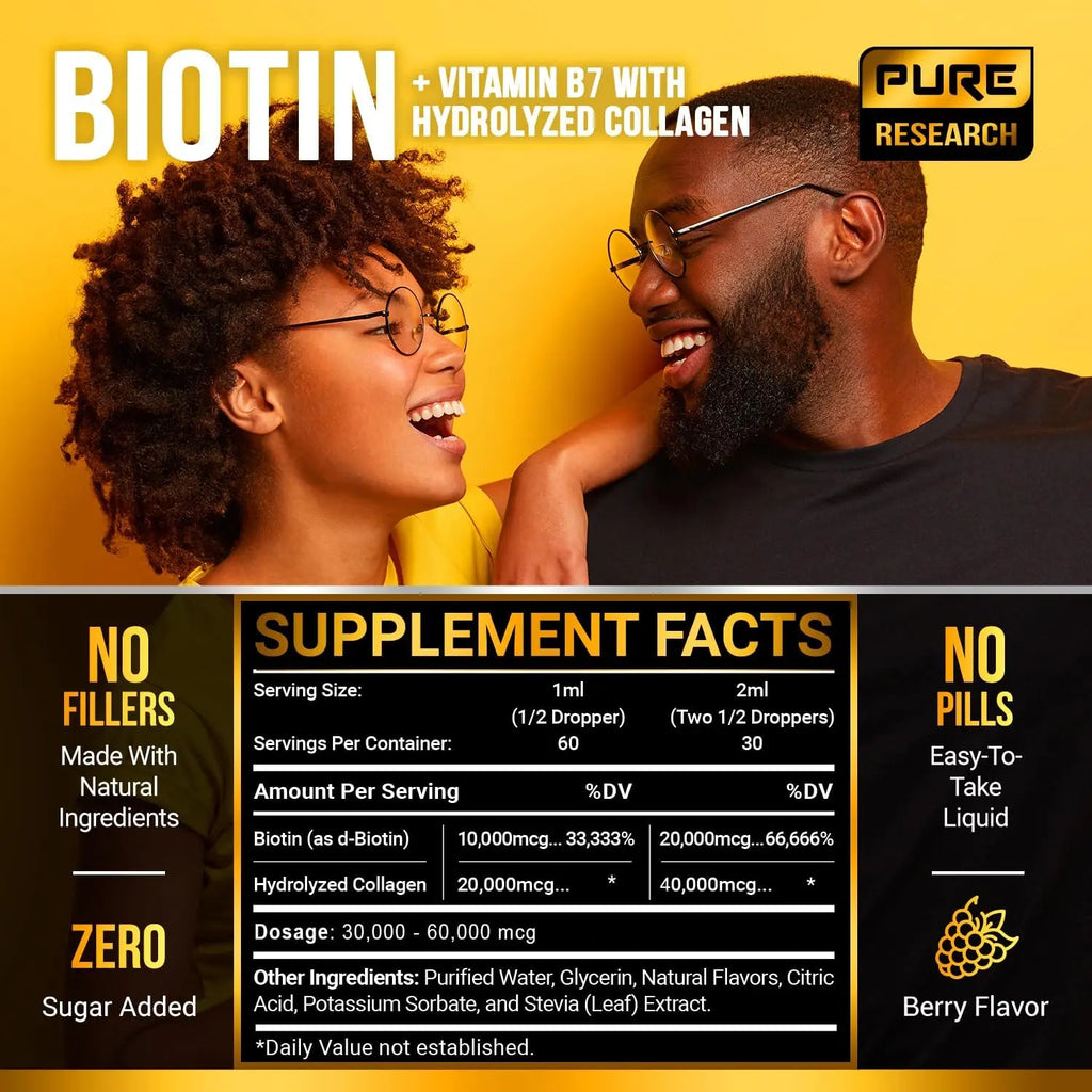 Supplement facts label for pure research biotin drops with no sugar added