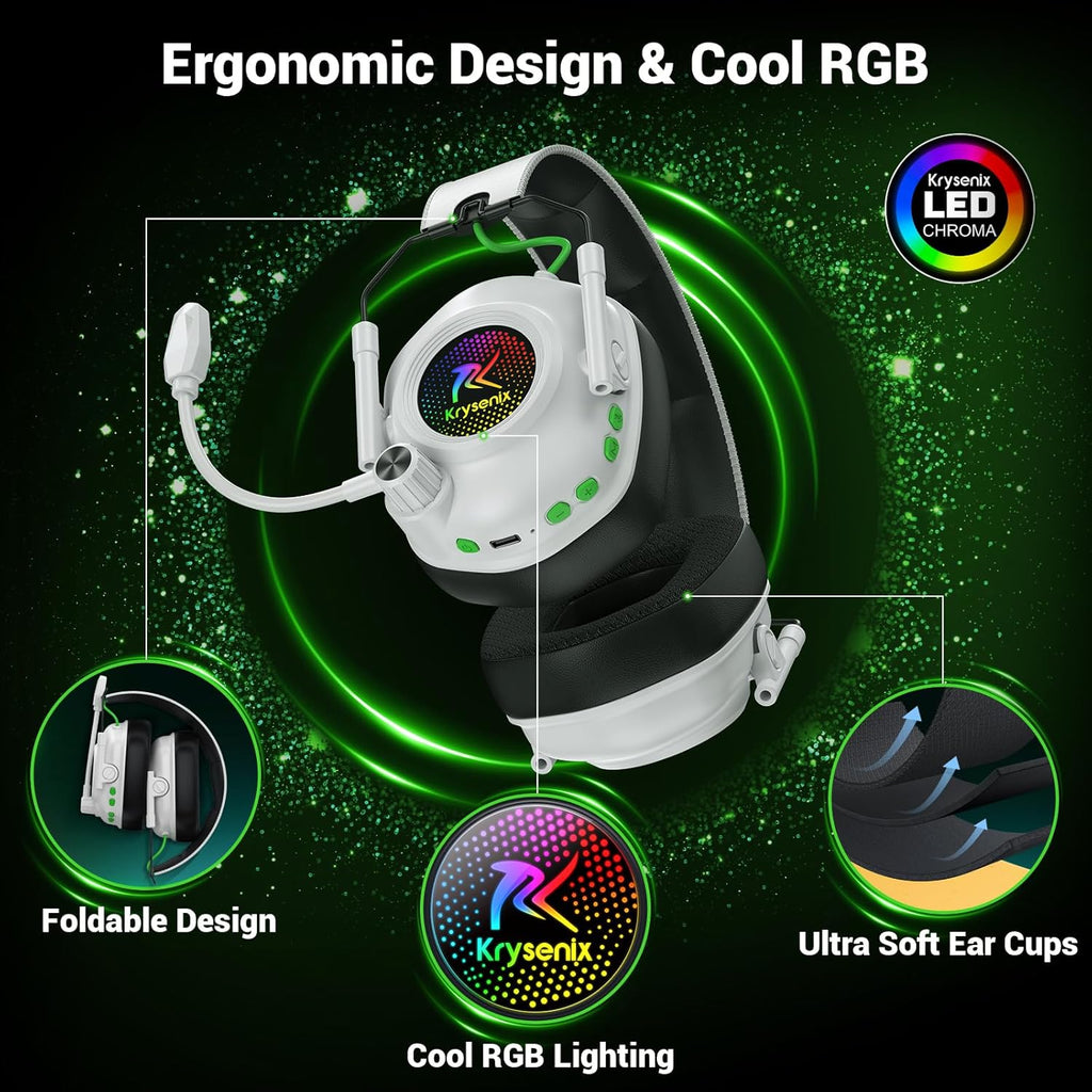Krysenix Wireless Gaming Headset with Noise Canceling Microphone for PC, PS5, PS4, Switch, Mac, 2.4 GHz Wireless & Bluetooth 5.4 Gaming Headphones, Cool RGB Lighting, 40Hr Battery, 50mm Drivers-White