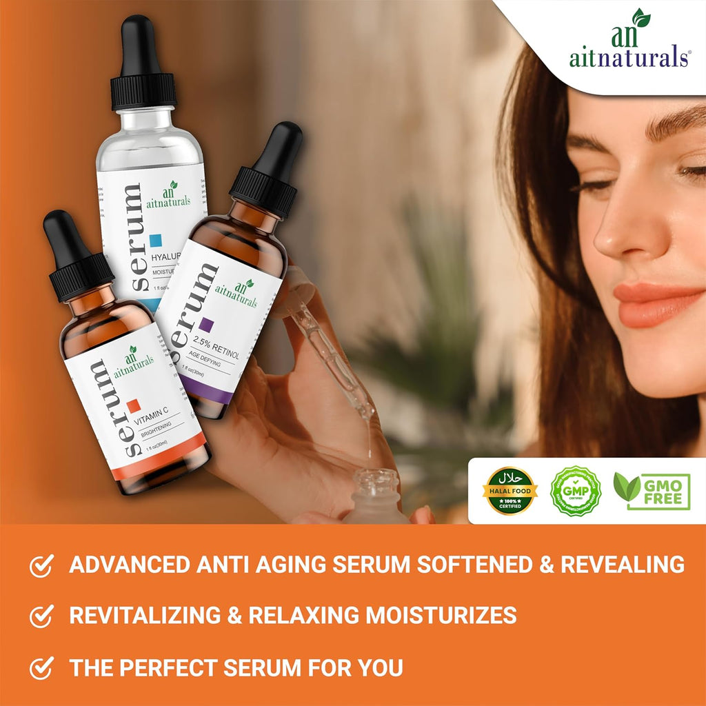 Aitnaturals Anti-Aging Serum Set (Each 30ml) | Powerful Trio of Vitamin C, Retinol, & Hyaluronic Acid | Reduces Wrinkles, Firms, Hydrates, Boosts Brightness, Improves Elasticity & Moisturizes Skin