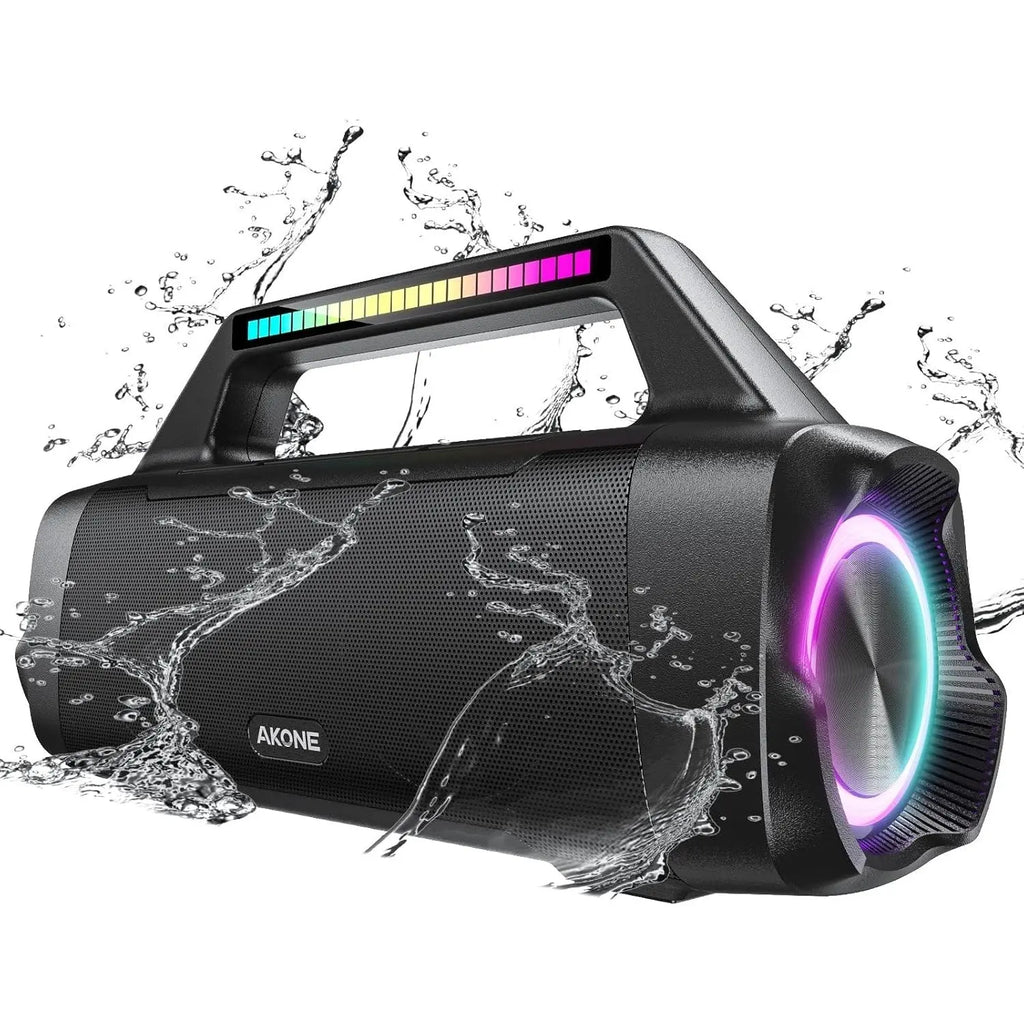 Black AKONE speaker with RGB LED ring and splash effects on white background