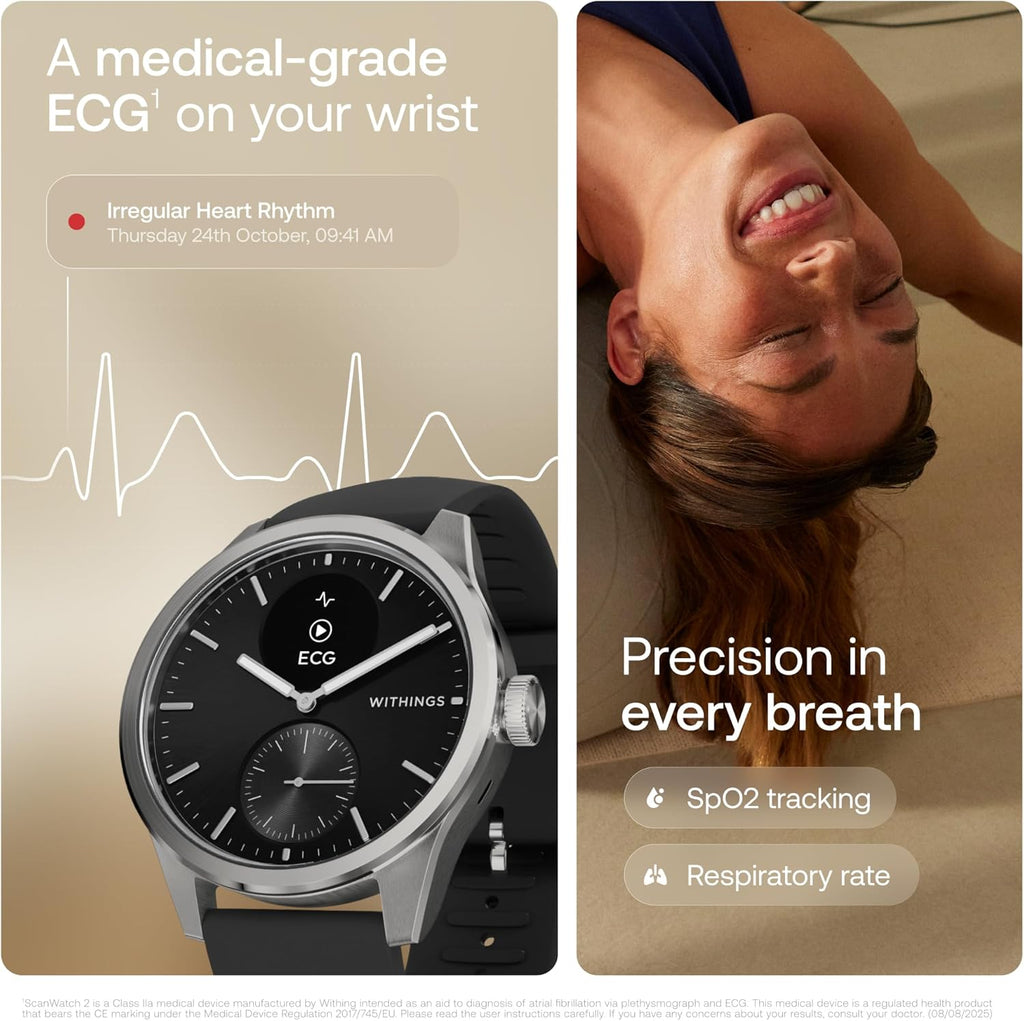 WITHINGS ScanWatch 2 - Women's Men's Health Smartwatch, ECG, SpO2, Temperature, Sleep Tracking, Respiratory Health, Waterproof, 30-Day Battery, 30-Day Battery, Android & iOS