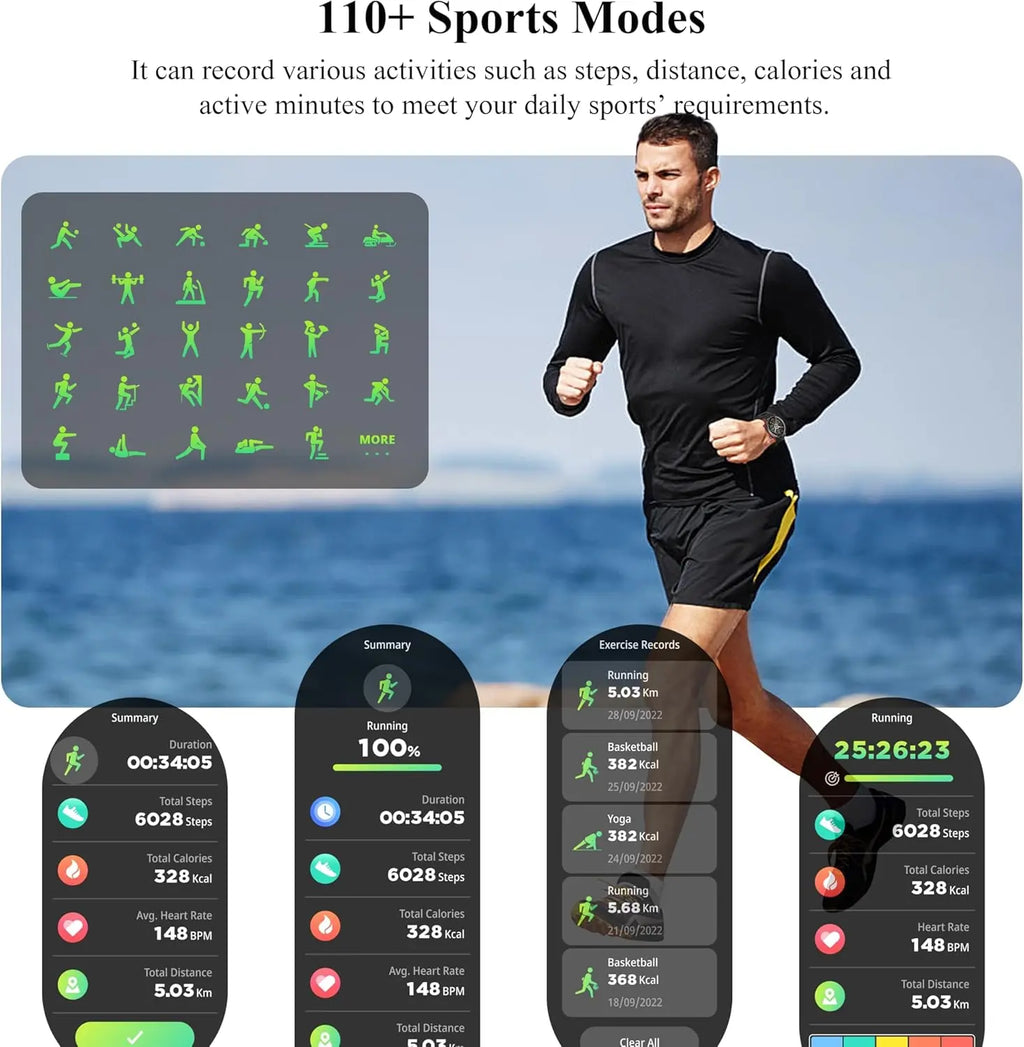 Outdoor running smartwatch displaying 110+ sports modes and fitness metrics