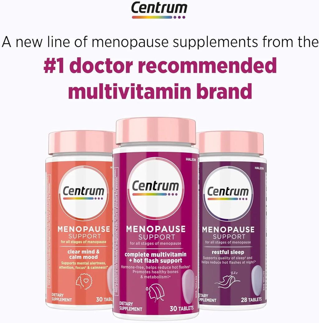 Centrum Complete Multivitamin Supplement + Hot Flash Support Menopause Support Tablets, with Clinically Studied geniVida, 30 Count