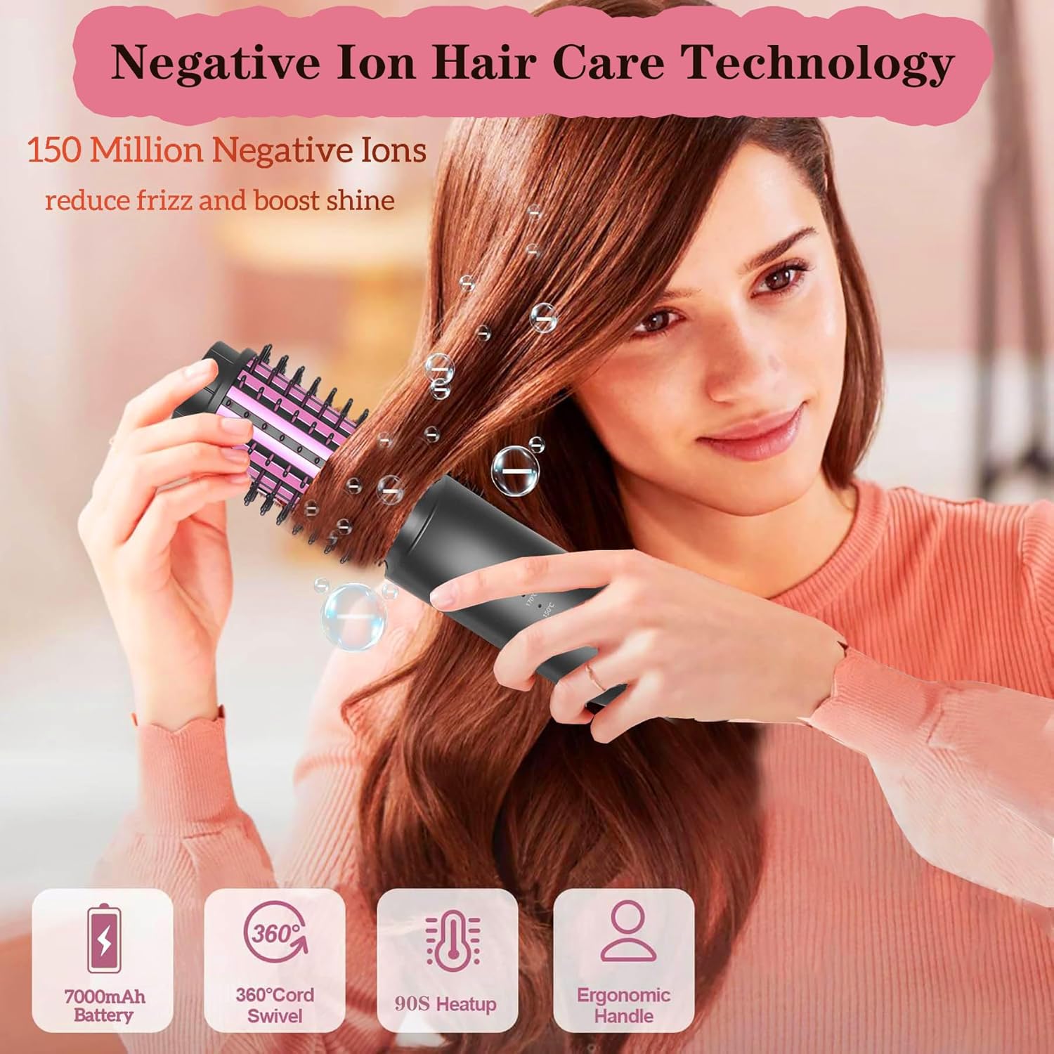 Cordless Curling Brush, Rechargeable Curling Iron Brush for Curl/Straighten Hair, Round Heated Brush with Negative Ionic, Mini Hot Comb Portable Travel Hair Curler for Women Hair Styling, Purple