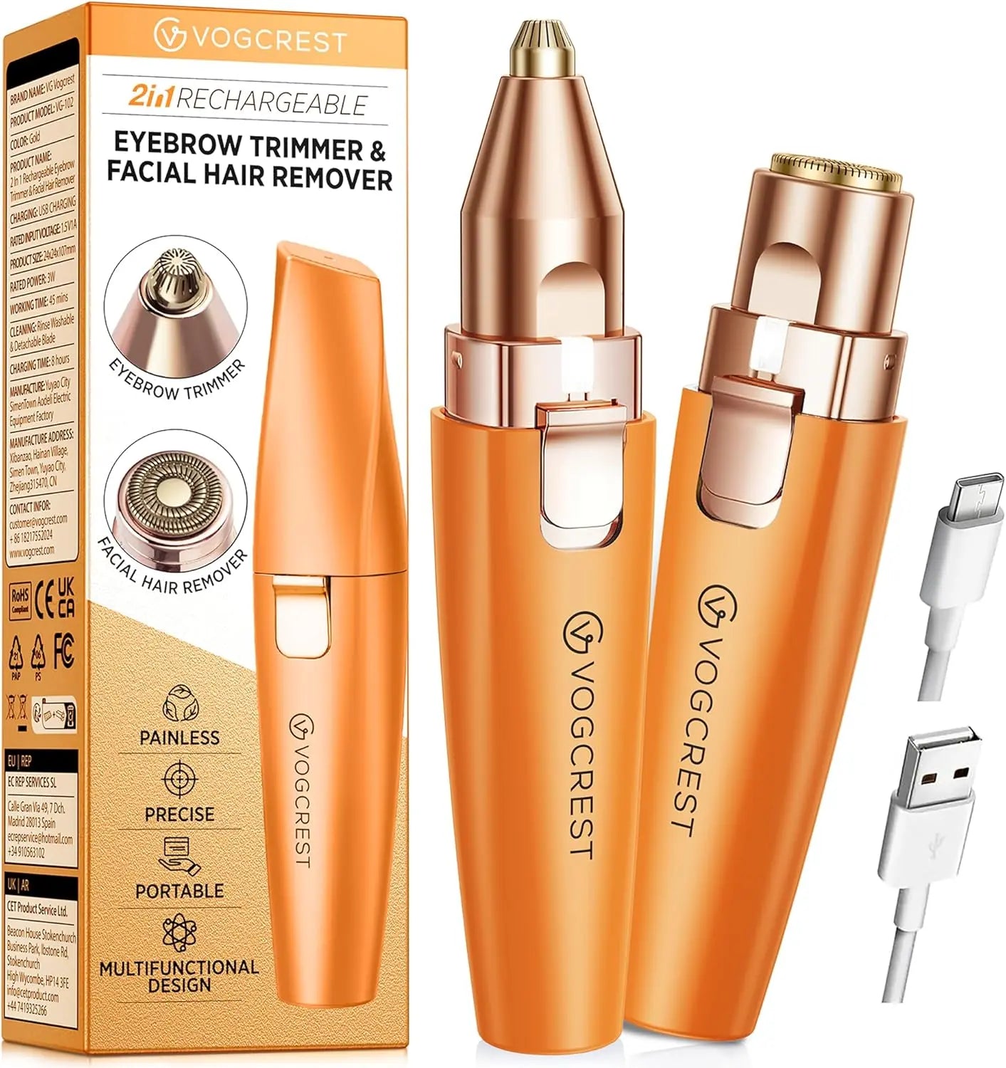 VG VOGCREST Facial Hair Removal: 2-in-1 Electric Eyebrow Trimmer for Women - Rechargeable USB-C Portable Painless Shaver Hair Remover for Home Travel