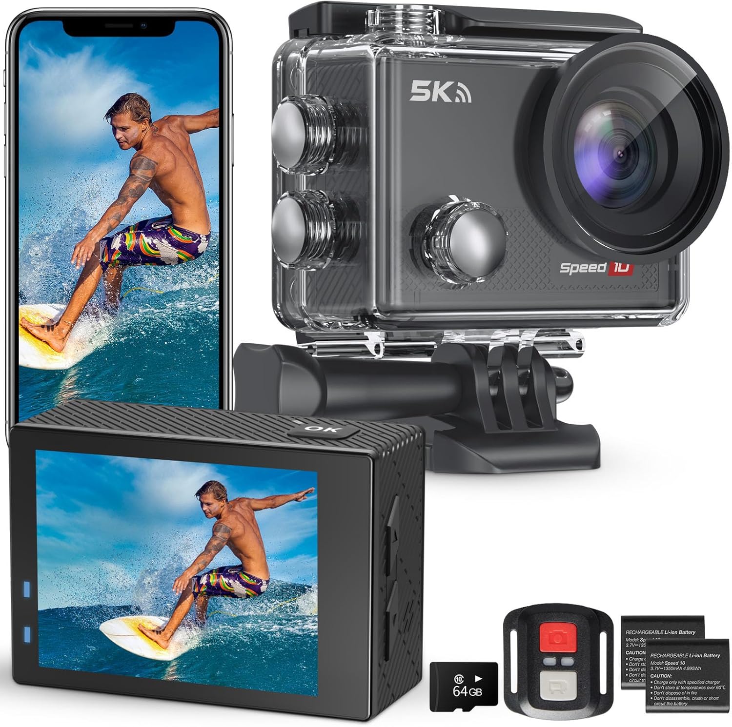 Hiicam Speed 10 Action Cam, 5K30FPS 30MP Action Cam 40M Underwater Camera Waterproof WiFi 170° Ultra Wide Angle Ice Action Cameras Zoom 5X with Remote Control and 2x 1350mAh Batteries 64GB Memory Card