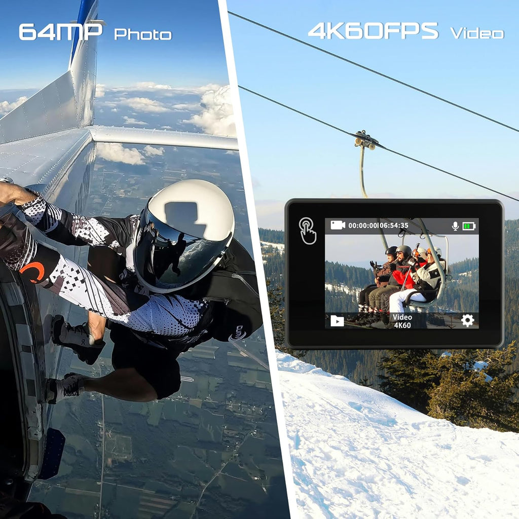 Apexcam New M80PRO Action Cam 4K 64MP EIS Touch Screen with 64GB Waterproof Sports Camera Card Underwater Camera 40M 8X Zoom and 2 x 1350 Batteries Accessories Kit