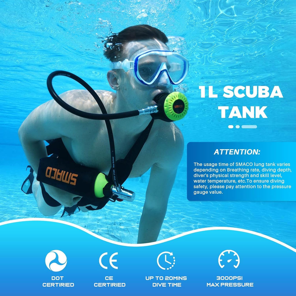 Scuba Tank 1L Mini Scuba Tank Support 15-20 Minutes Underwater Breathing(No More Than 30m) Scuba Diving Accessories Diving Oxygen Tanks for Water Rescue/Diving Sightseeing/Backup Air Source, Black