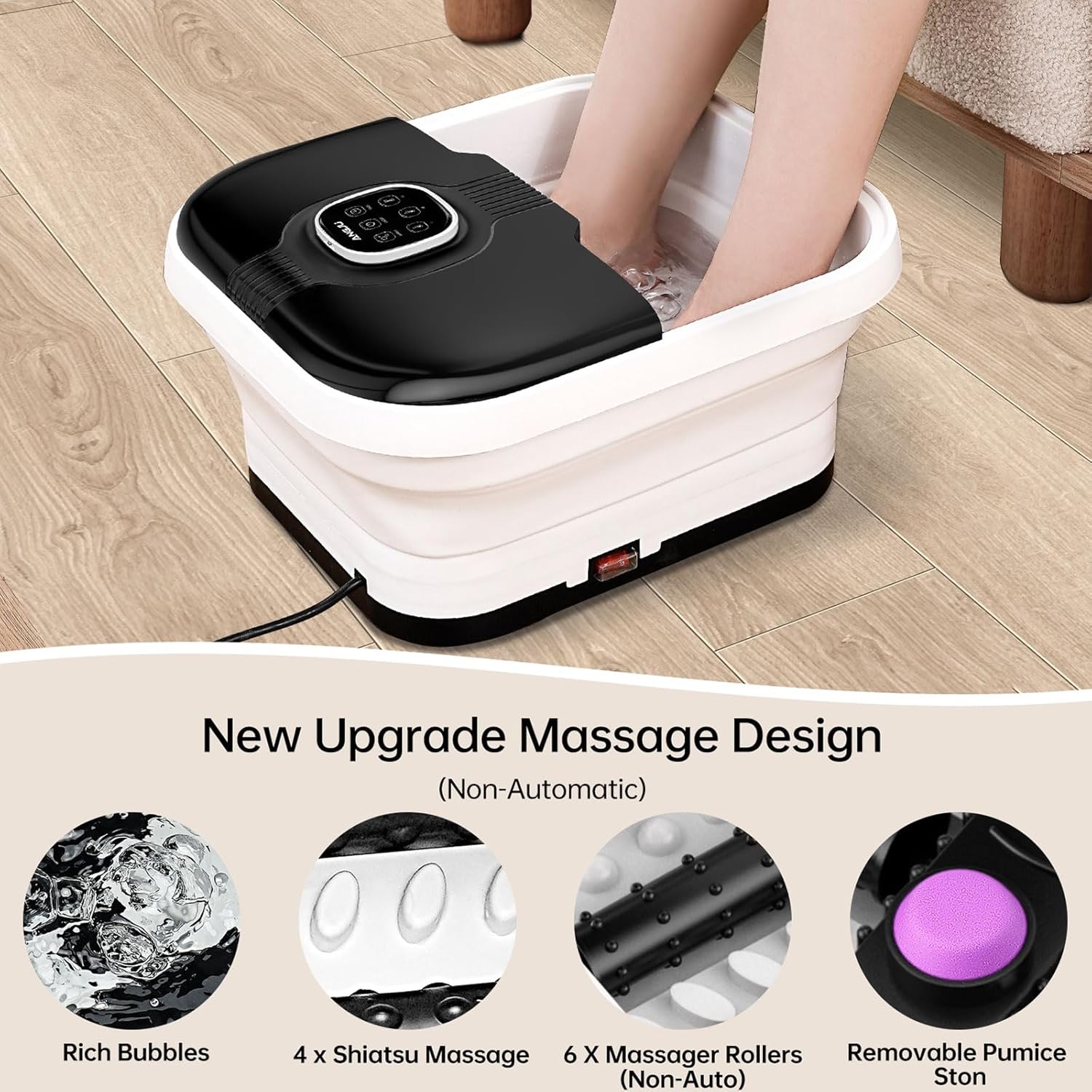 Angju Collapsible Foot Spa with Heat, Remote Temperature Control and Bubble, 6 Massage Rollers, Timer and Pumice Stone, Electric Pedicure Foot Spa Machine for Feet Stress Relief