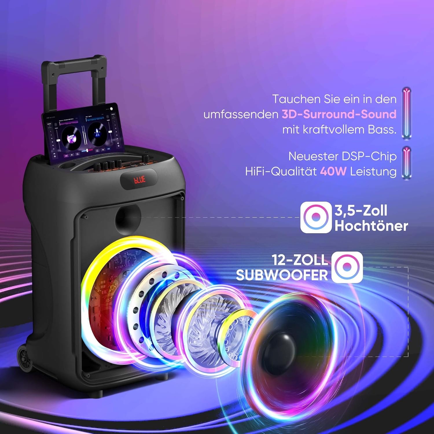 Karaoke Machine, Hukkmela Portable Karaoke System with 3 Microphones, Bass/Treble Adjustment, LED Lights, PA System, Supports REC/FM/AUX/USB/TF