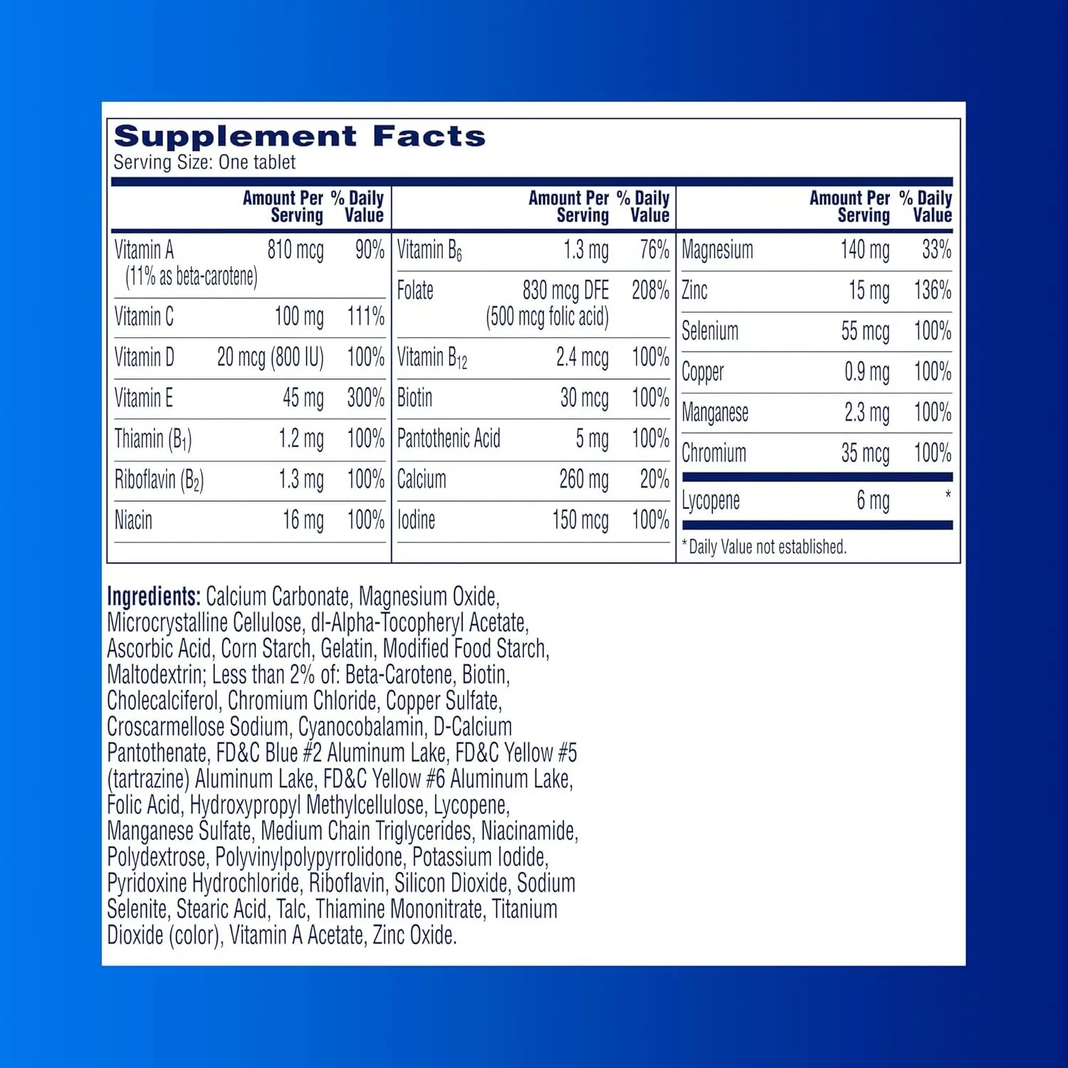 Supplement facts label for One A Day Men's Pre-Conception Health vitamins