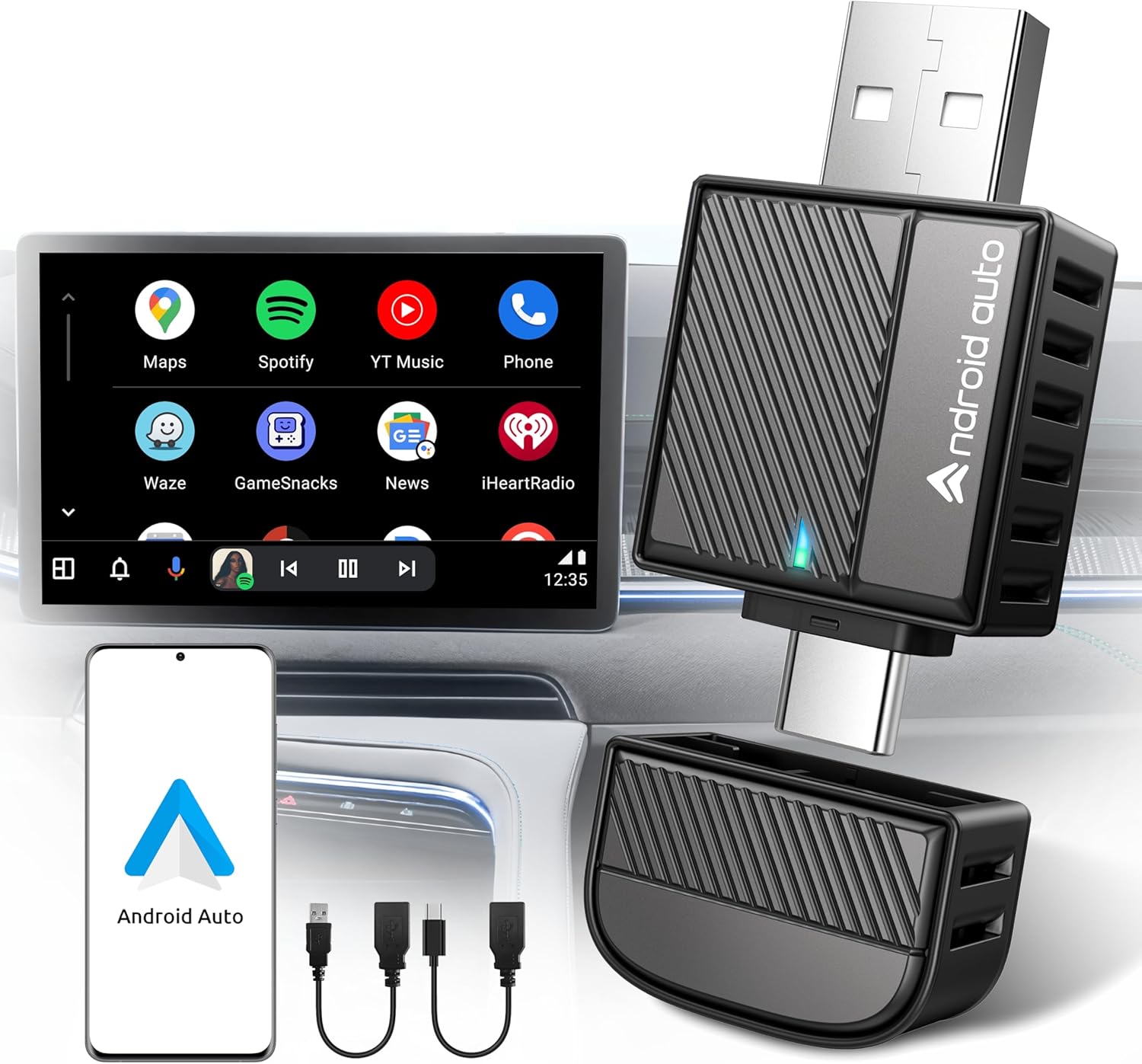 ByteWave Android Auto Wireless Adapter UK, 2025 Wireless Android Auto Adapter [Easy Setup Plug&Play Latency-Free] Converts OEM Wired to Wireless, Compatible with OEM Android Auto Equipped Vehicles